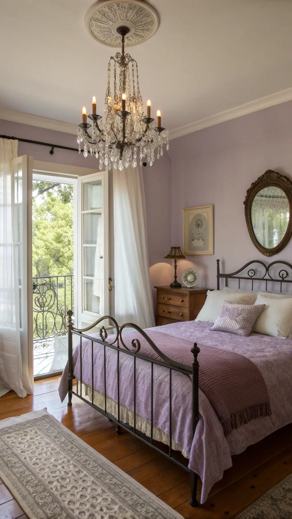 vintage bedroom with mauve and lilac bedding and antique silver mirror