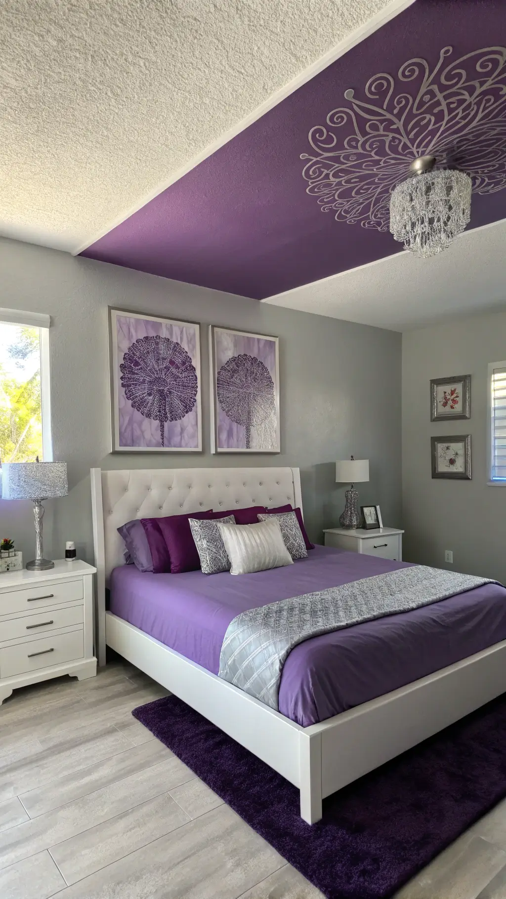 modern bedroom with deep purple ceiling and ombré purple bedding