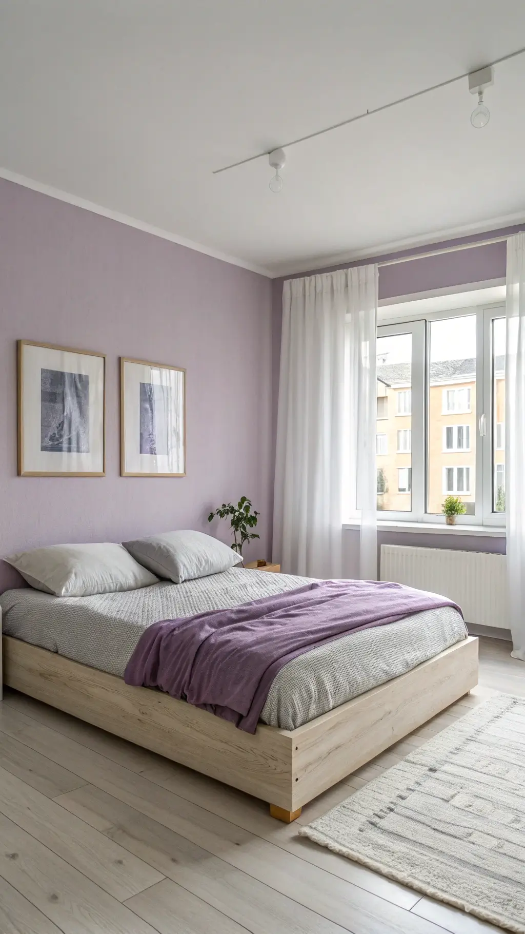 Scandinavian bedroom with pale lilac walls and minimalist decor