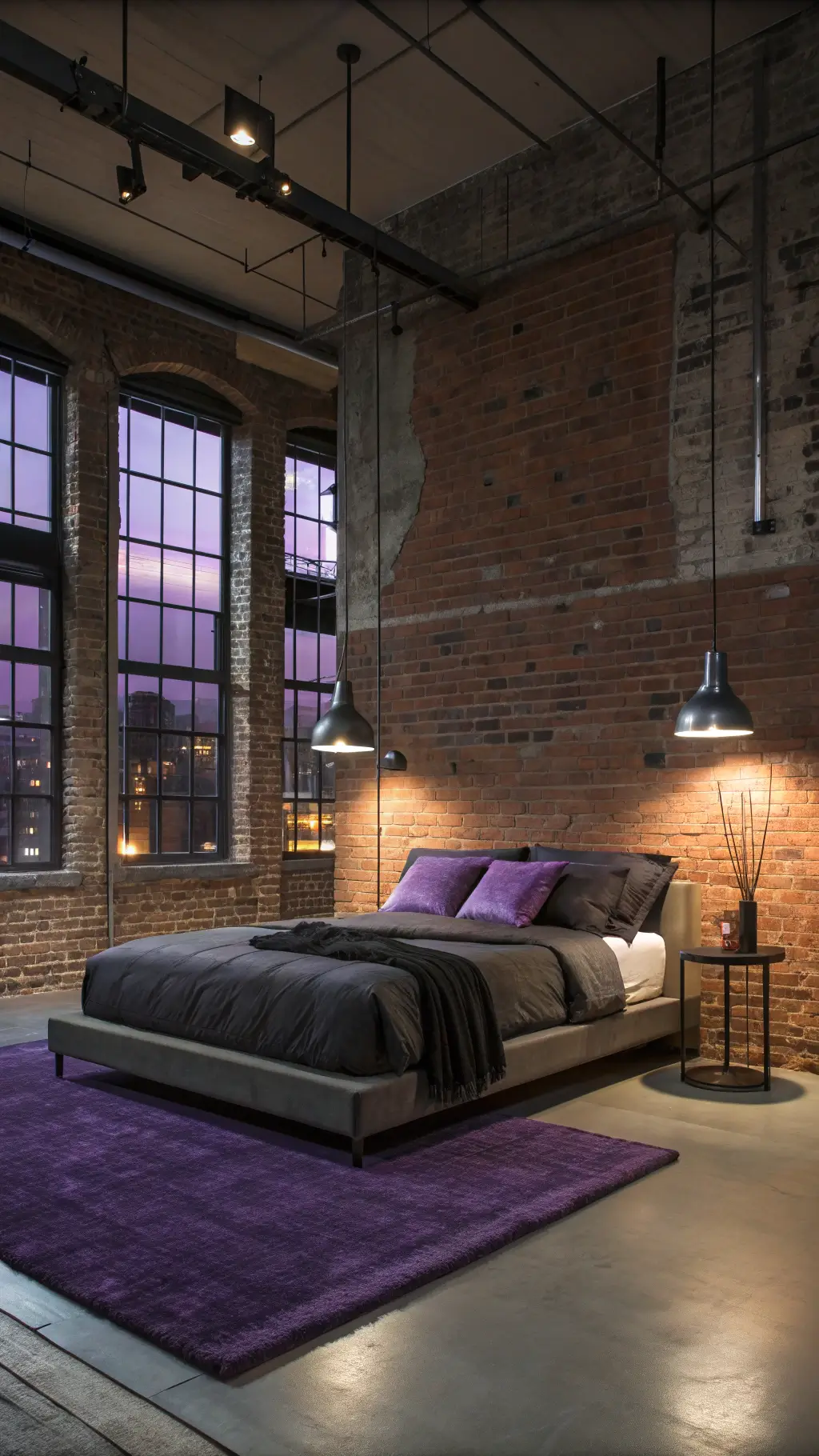 industrial loft bedroom with aubergine brick wall and purple accents