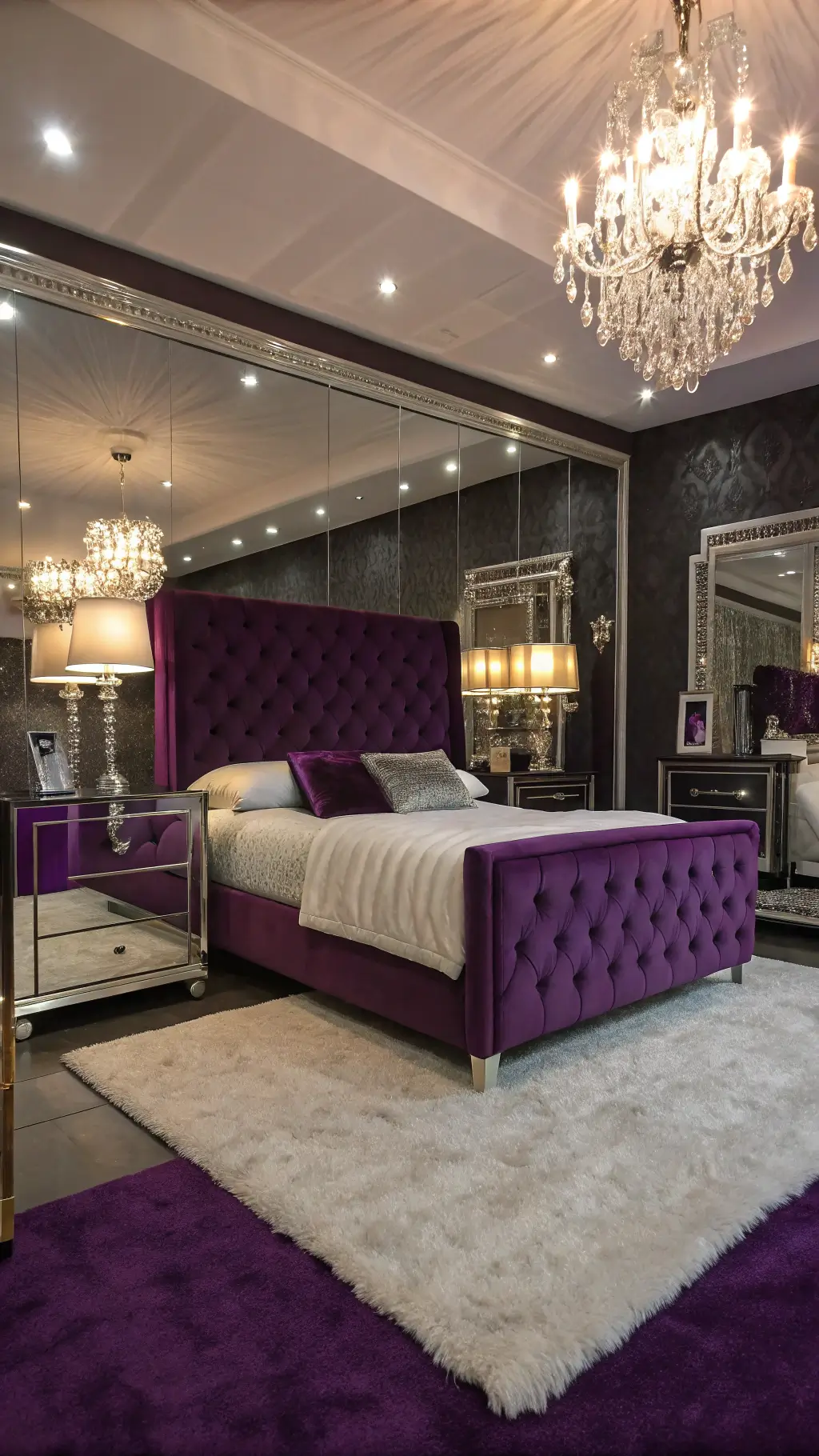 luxurious bedroom with purple velvet headboard and mirrored furniture