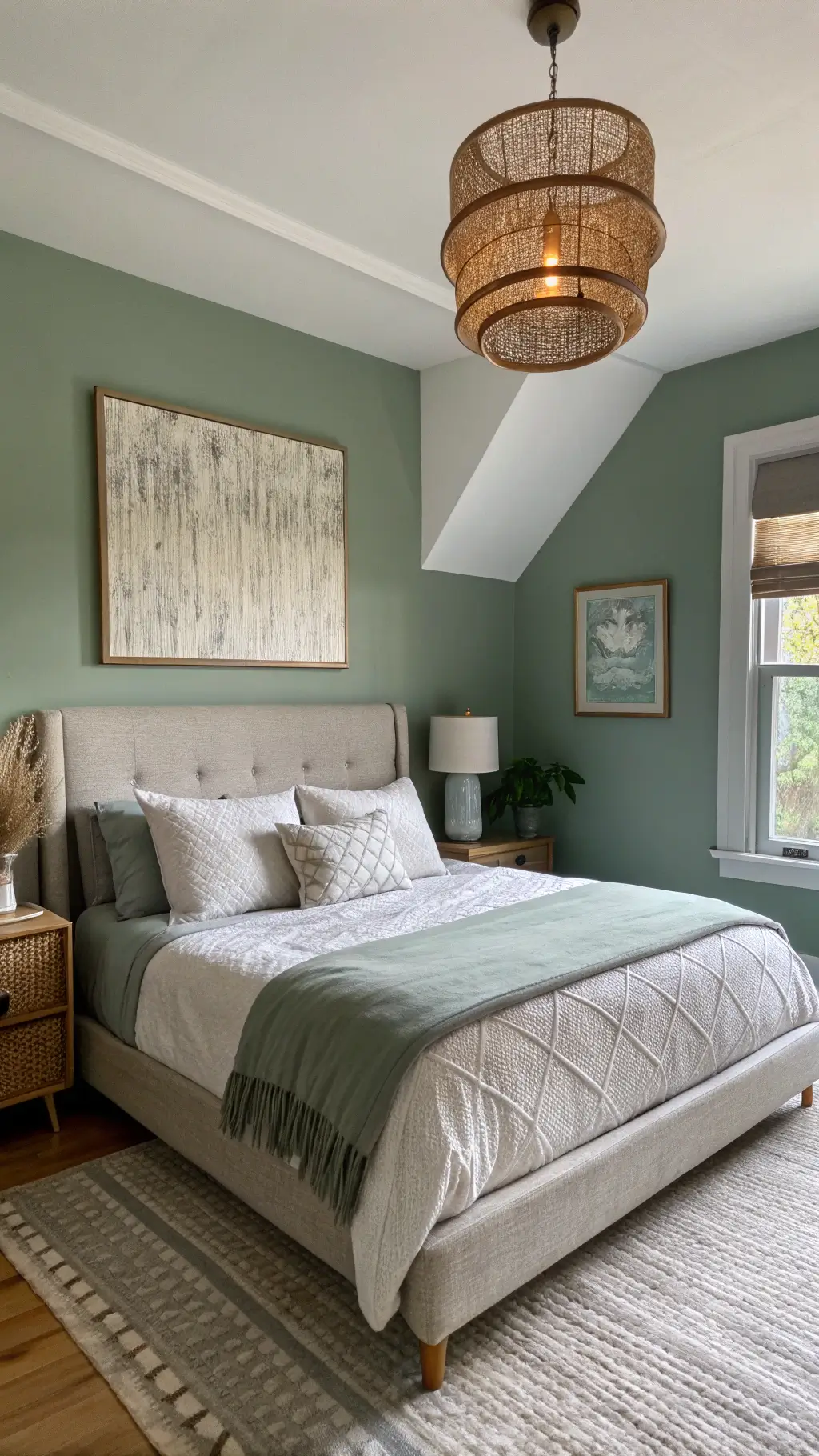 Cozy bedroom with sage green walls, grey trim and linens, abstract art, rattan pendant light, vintage brass mirror