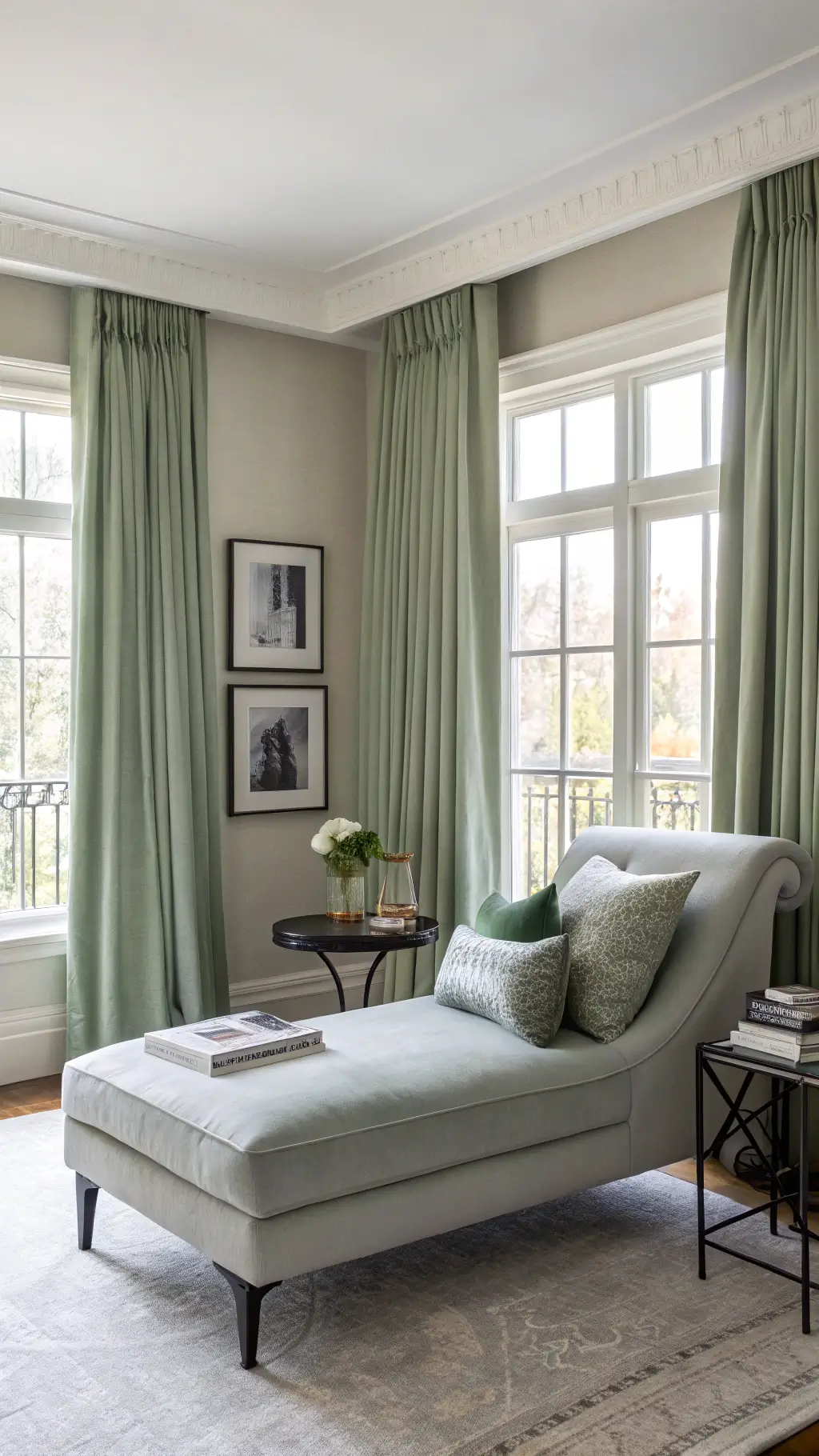 Sunlit master bedroom with sage green silk curtains, modern grey chaise lounge, textured pillows, black metal side table with marble top, oversized white photography