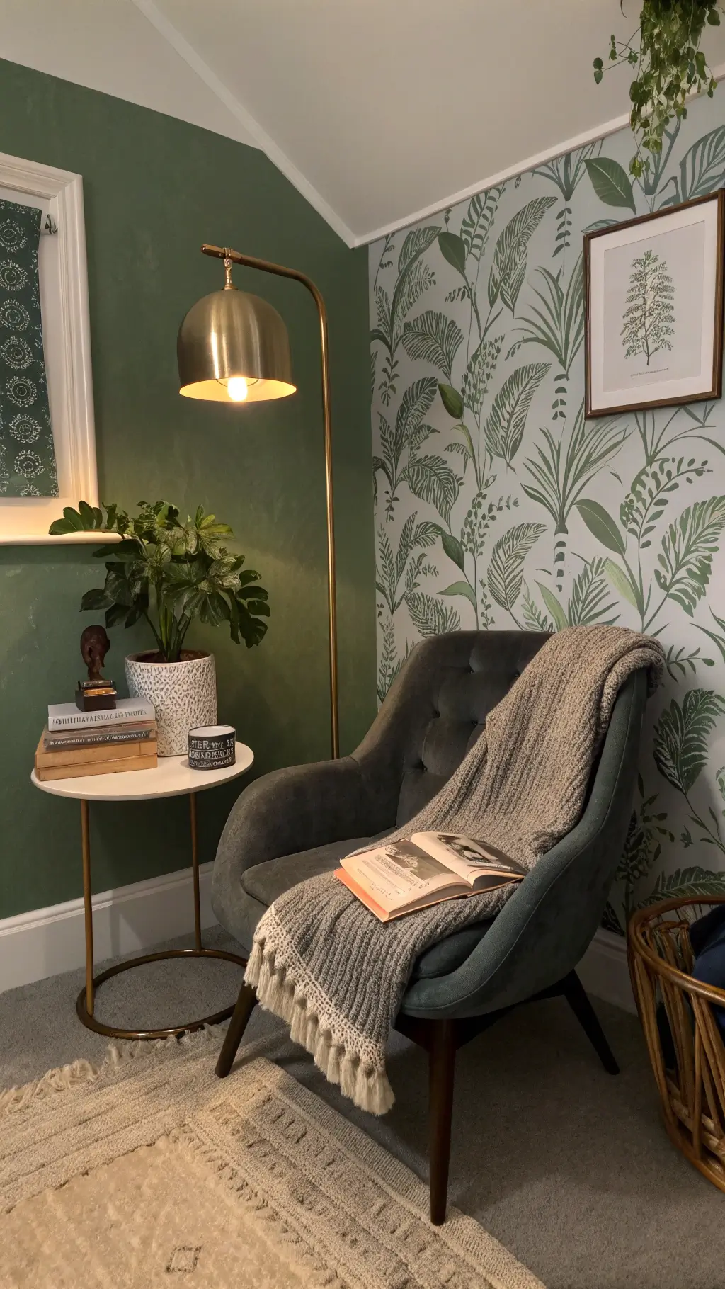 Moody bedroom nook with sage green botanical wallpaper, charcoal velvet chair, brass floor lamp, grey wool throw, art books, fiddle leaf fig