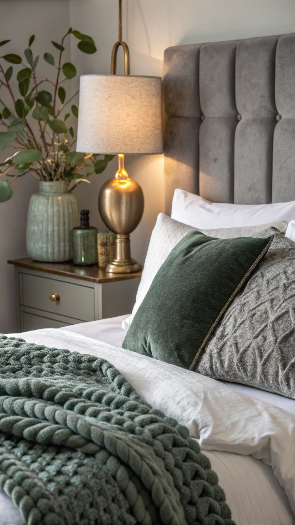 Close-up of white duvet with sage green pillows, grey velvet cushion, pewter knitted throw, brass lamp, upholstered headboard, ceramic vase, eucalyptus on nightstand