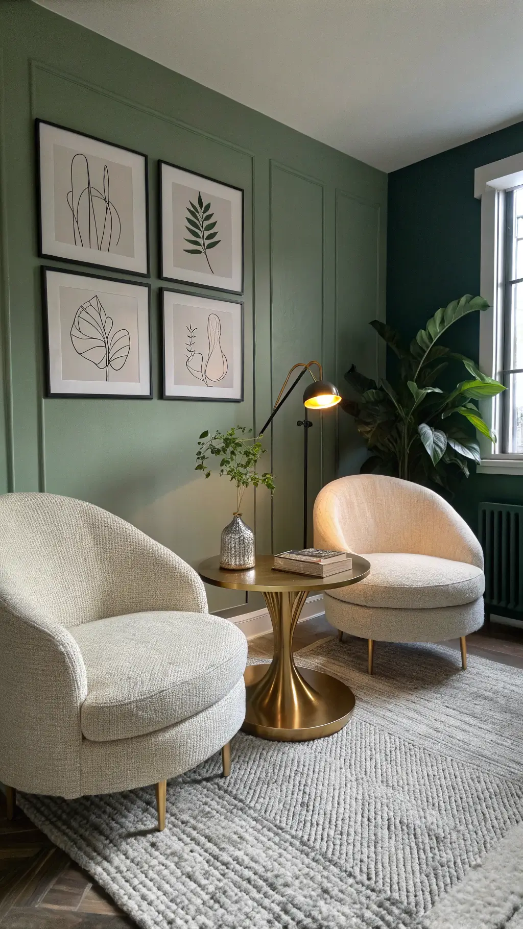 Modern bedroom seating area with ivory bouclé chairs, brass coffee table, sage green accent wall, minimalist artwork, grey jute rug, floor lamp, mixed lighting at twilight
