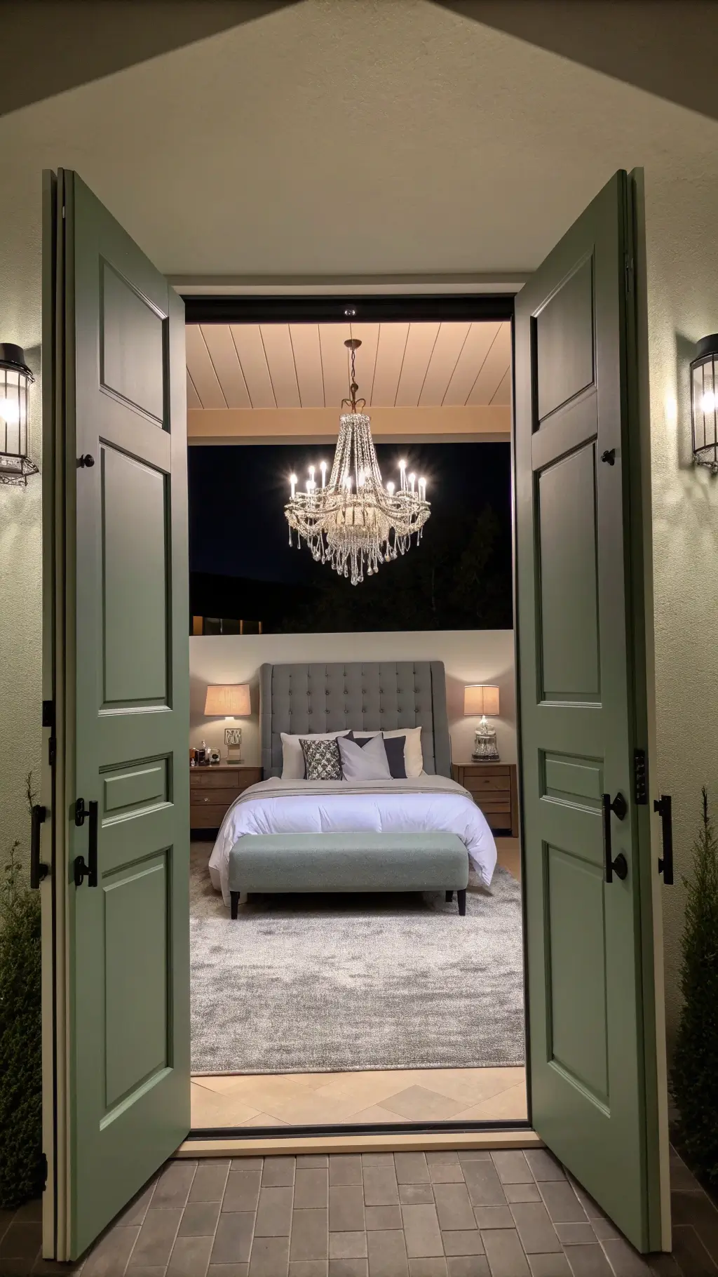 Nighttime bedroom with sage green double doors, grey upholstered bed, mirror-mounted sconces, crystal chandelier, white bedding with accent pillows