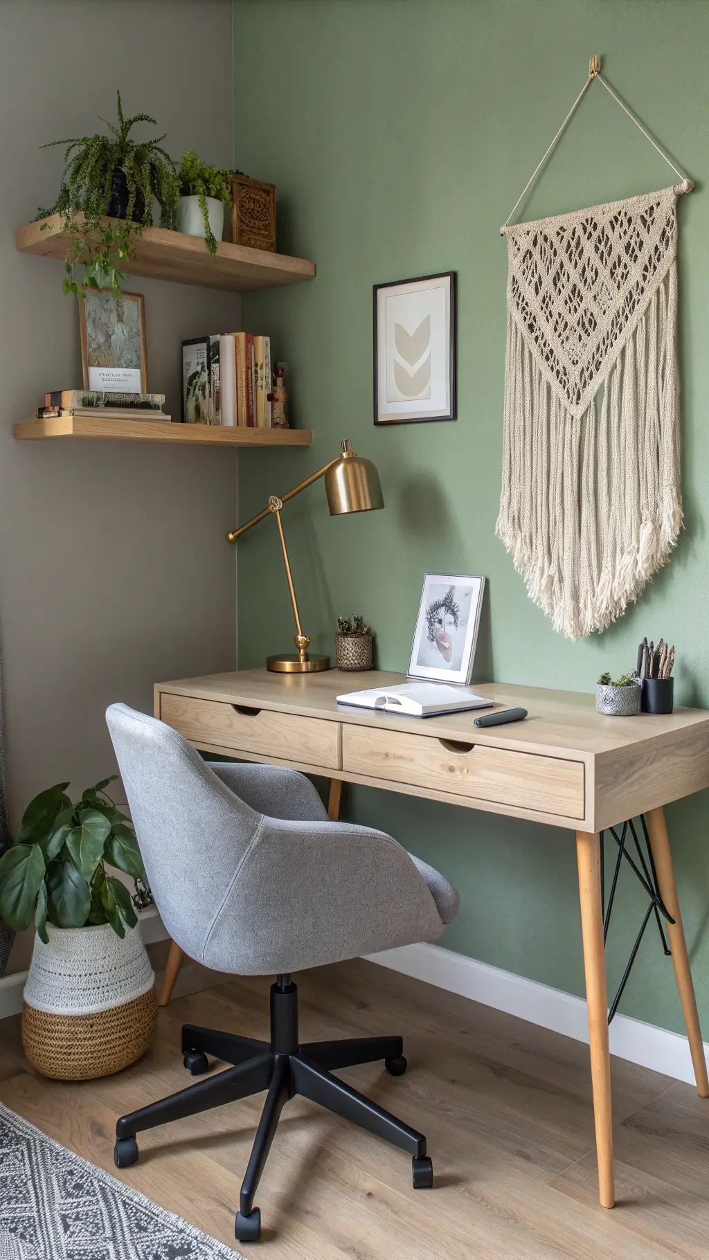 Bedroom workspace corner with floating bleached oak desk, sage green wall, modern grey task chair, brass lamp, minimal white ceramic accessories, shelves with black and white art and macramé
