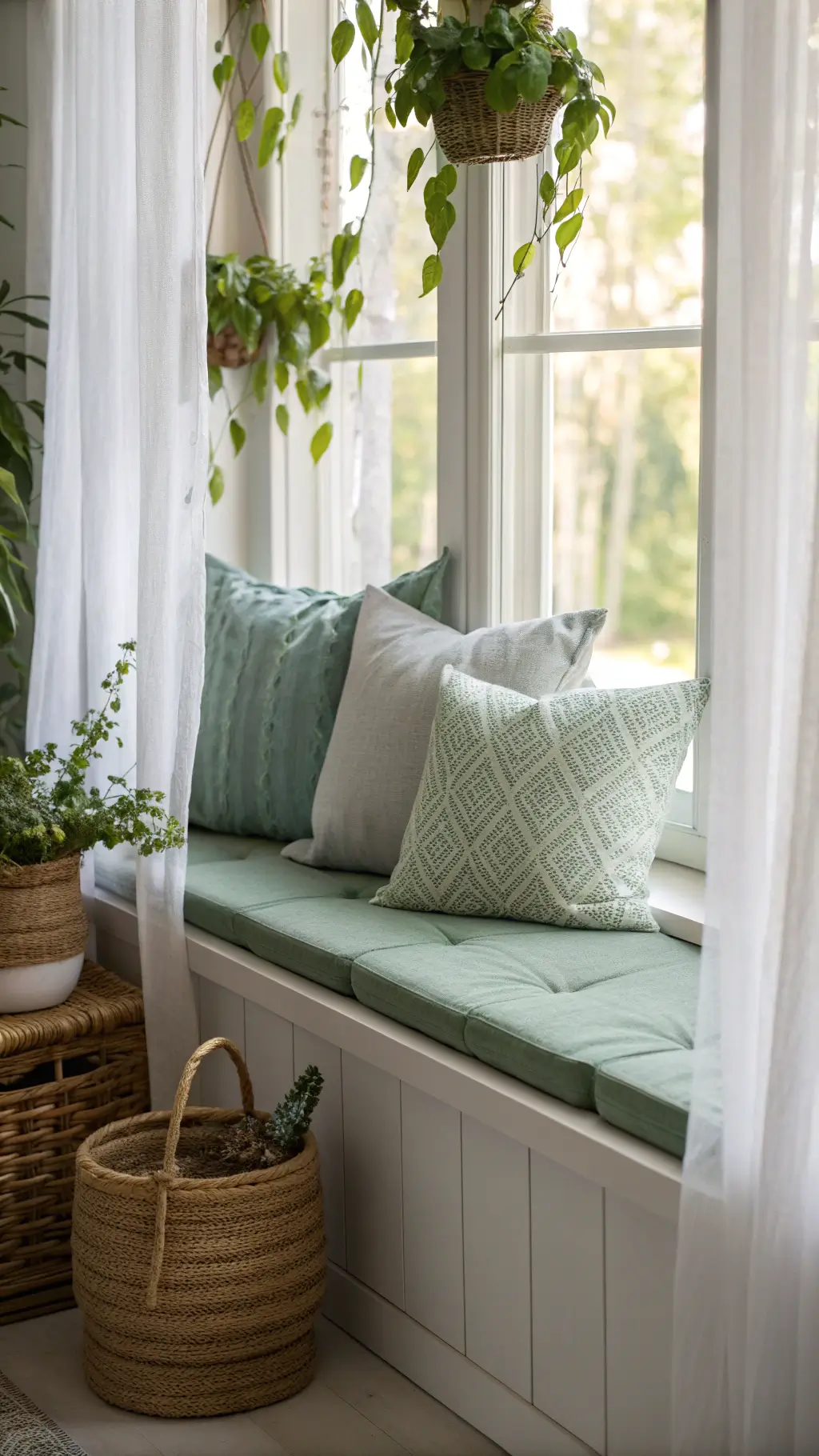 Cozy window seat bathed in afternoon light with sage green cushions, grey textured pillows, white sheer curtains, ceramic planters with trailing vines, woven basket with extra throws