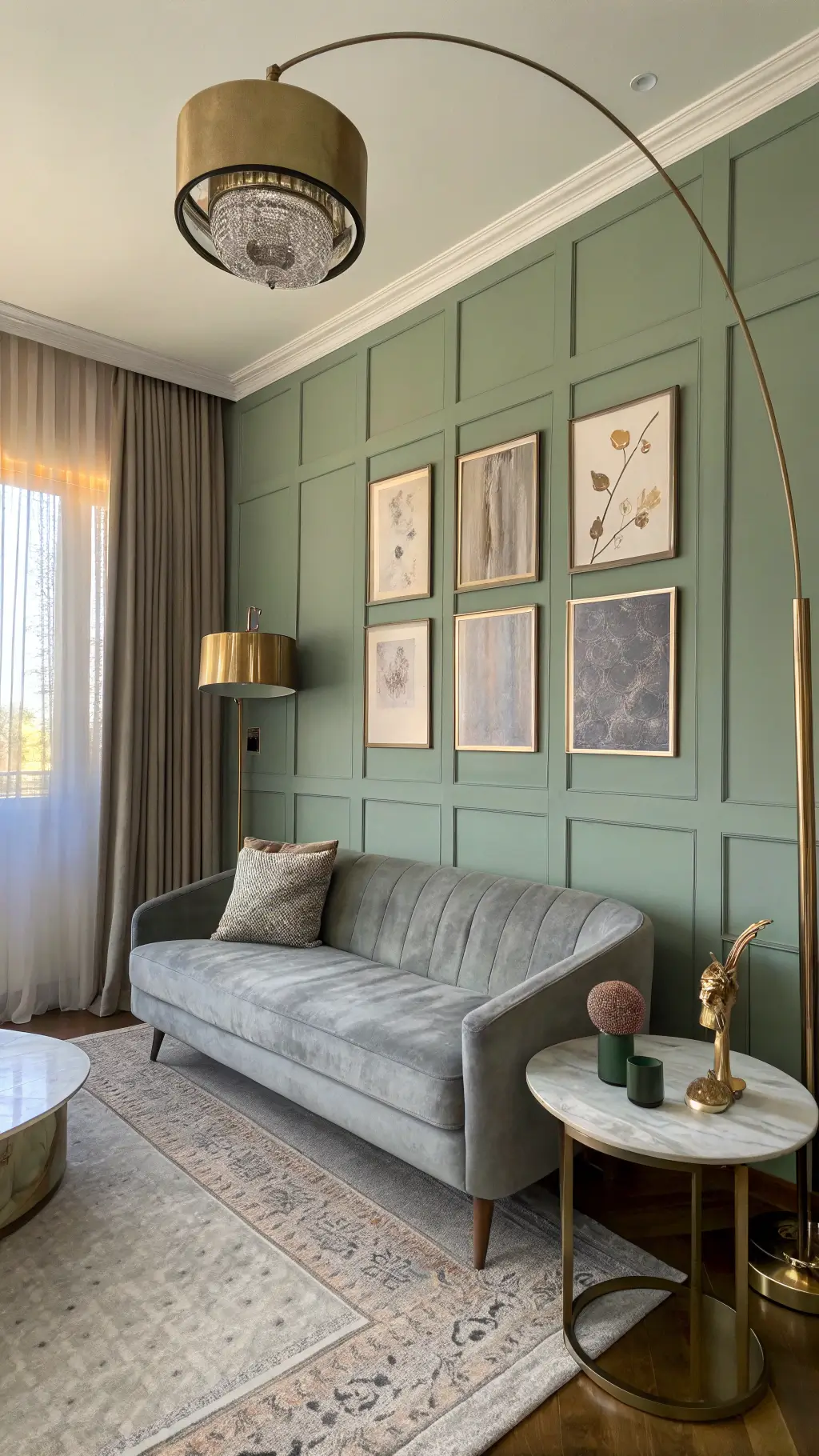 Master bedroom sitting area at sunrise with grey velvet sofa, sage green paneled wall, brass floor lamp, marble side tables, ceramic sculptures, abstract art, golden hour light through sheers