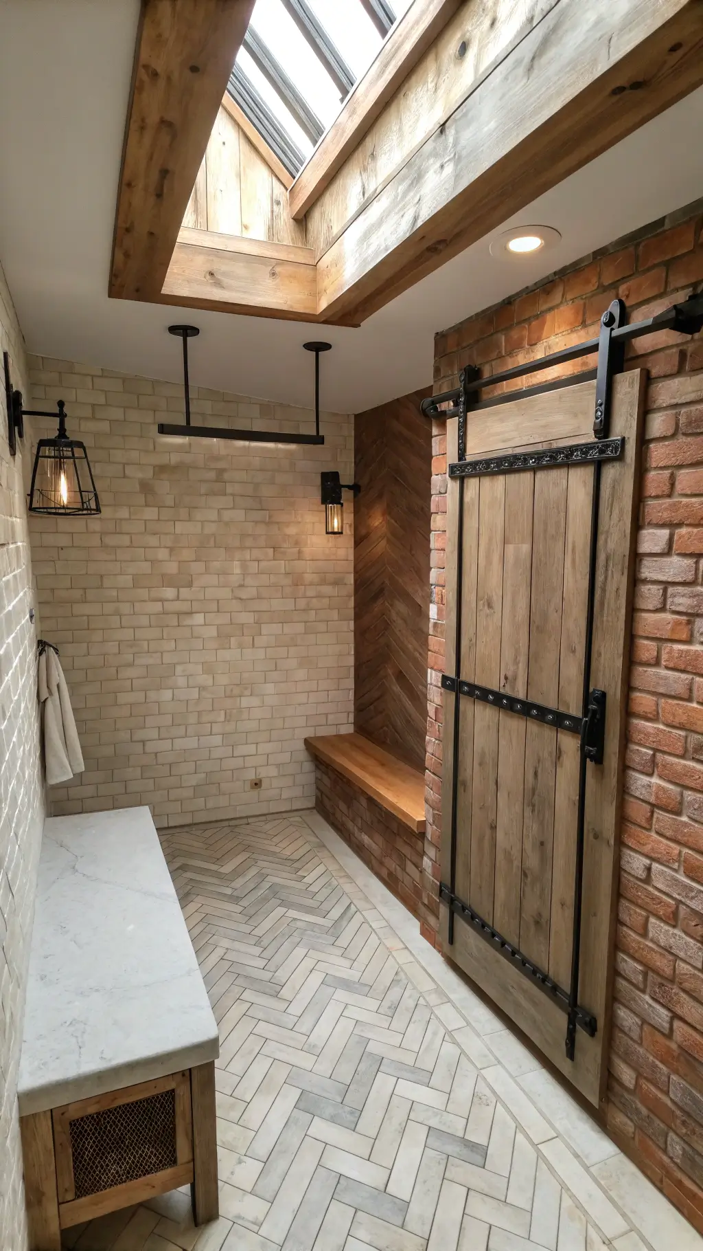 Overhead view of rustic shower with exposed brick, oak beam ceiling, skylights, barn door, travertine herringbone tiles, vintage copper hooks, and black metal frame balancing warm and cool tones