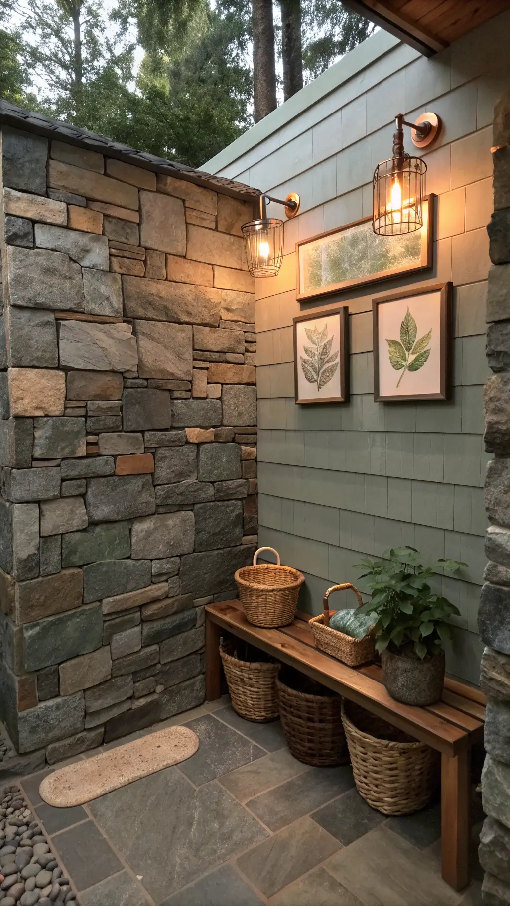 Woodland-inspired shower featuring stacked stone walls, dusk lighting, copper sconces, floating teak bench, handwoven baskets, botanical prints, and rich textural details