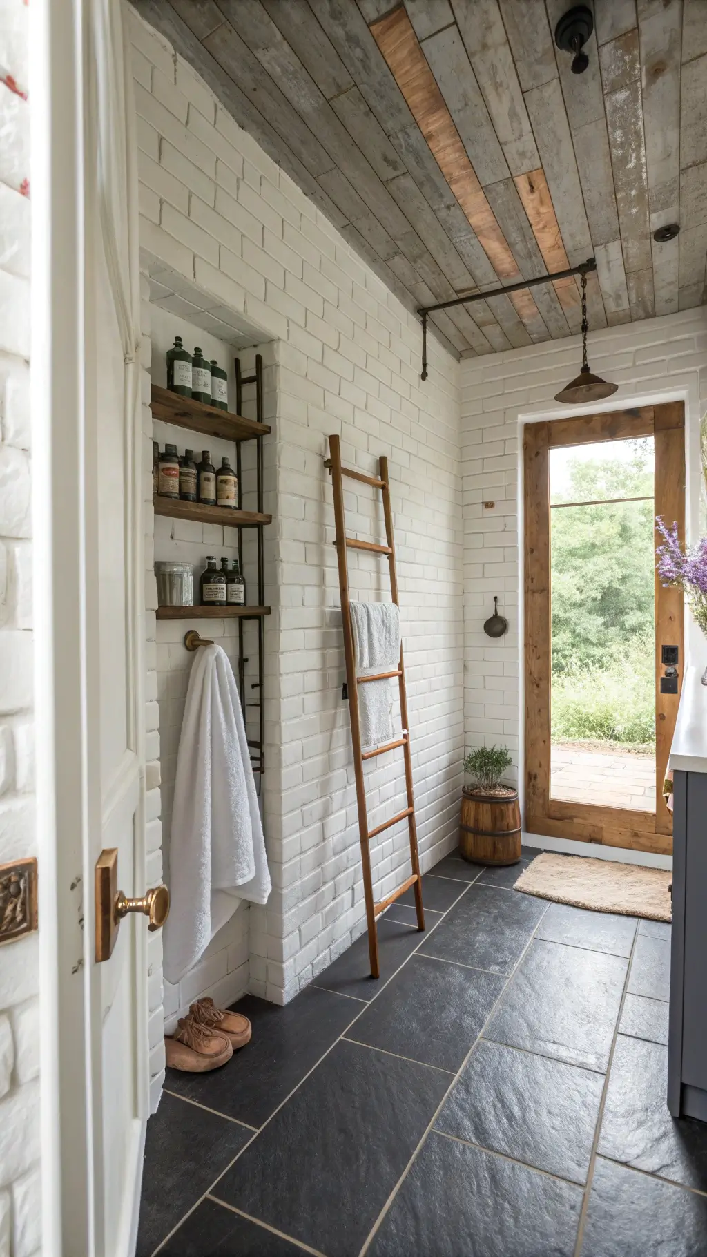 Farmhouse-style shower with whitewashed brick walls, dark slate floors, reclaimed wood ladder towel rack, copper piping, industrial touches, vintage apothecary bottles, and dried lavender accents bathed in natural light