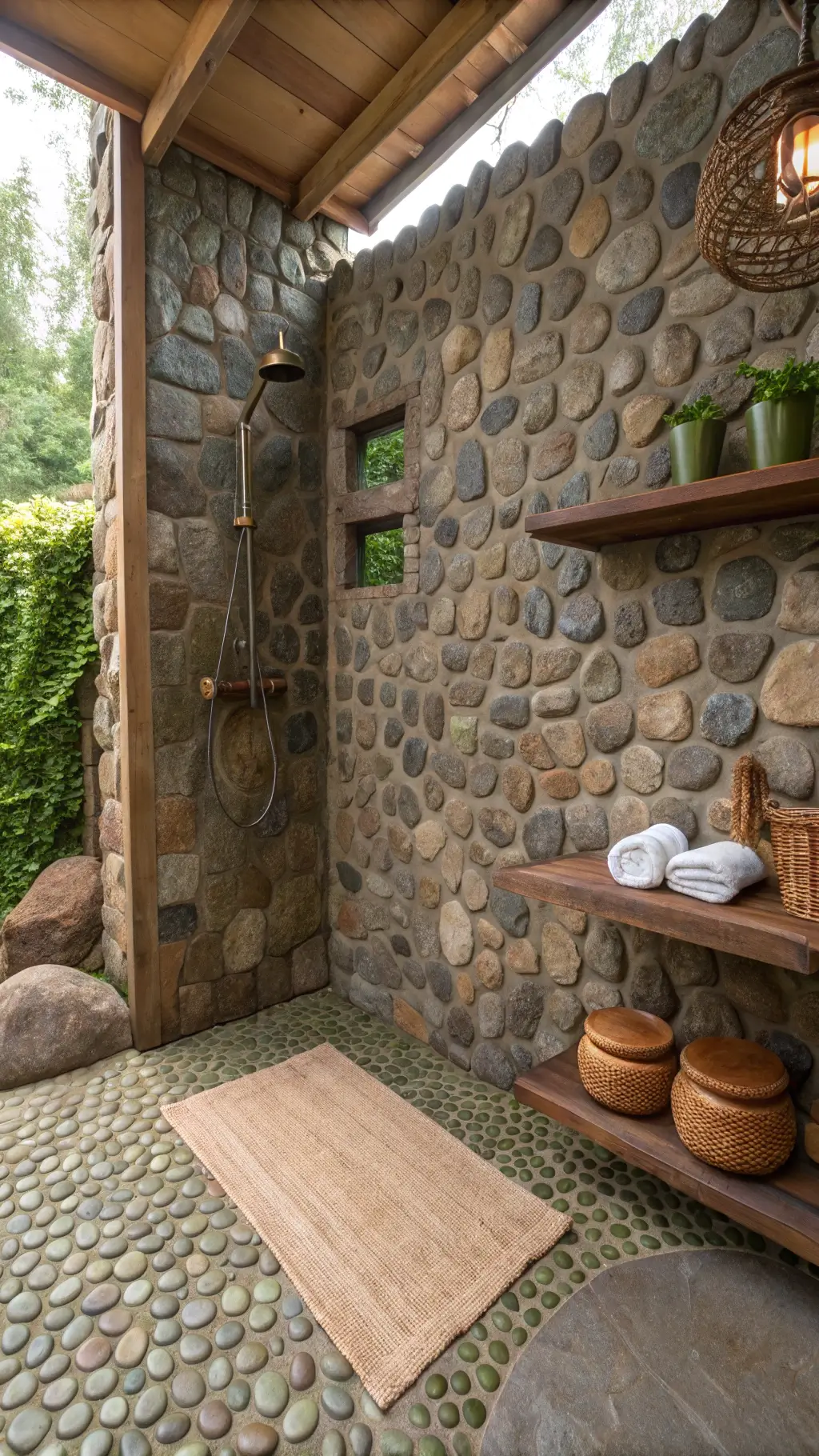 Nature-inspired shower with floor-to-ceiling pebble mosaic walls, soft afternoon light, live-edge wooden shelf, handmade soaps, copper vessels, rain shower head on rough-hewn beam, natural fiber mat, and stone flooring