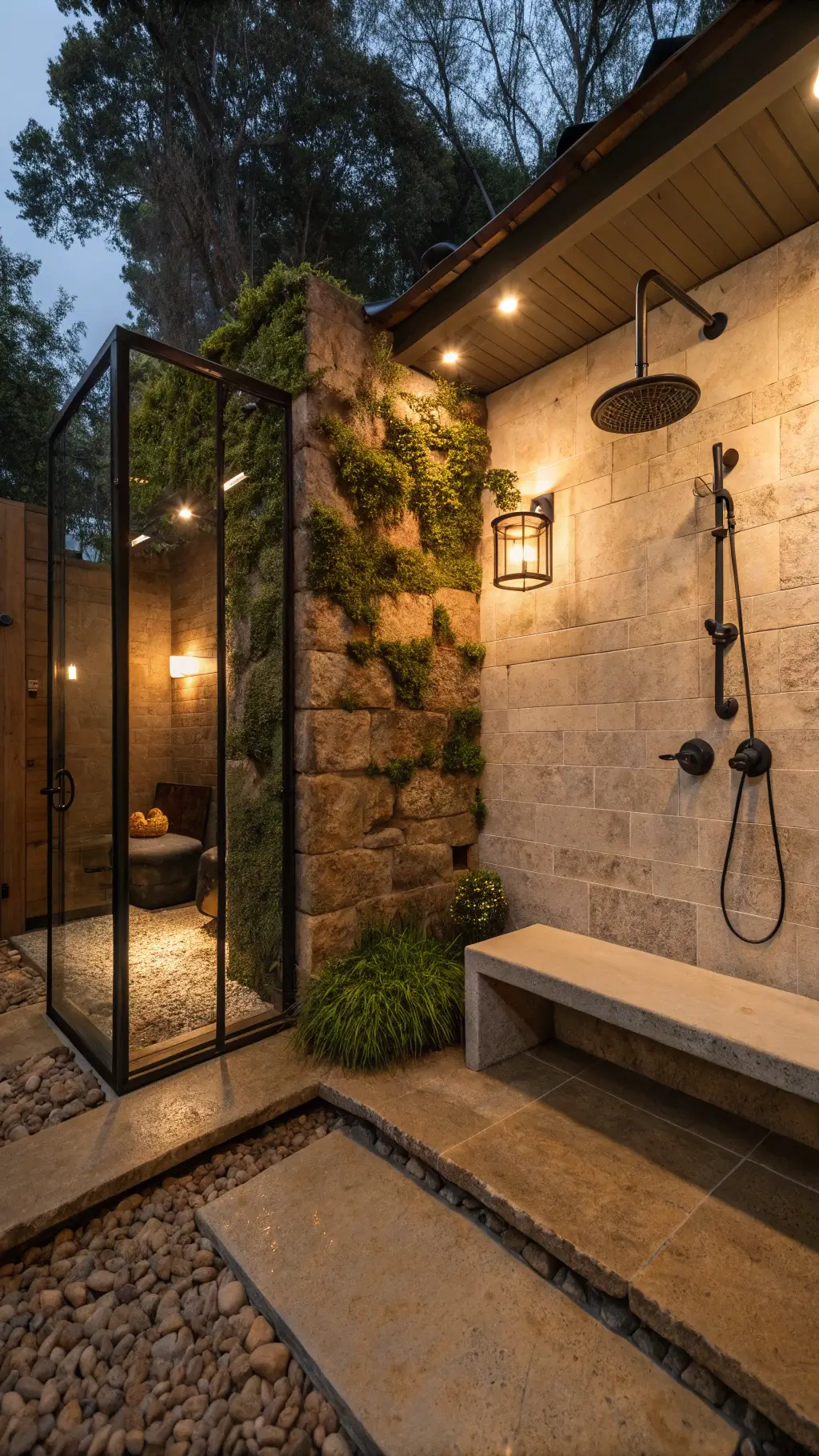 Luxury rustic shower with LED-lit limestone walls, floating concrete bench with embedded river rocks, black iron-framed glass panels, preserved moss wall art, and bronze fixtures with patina finish at twilight
