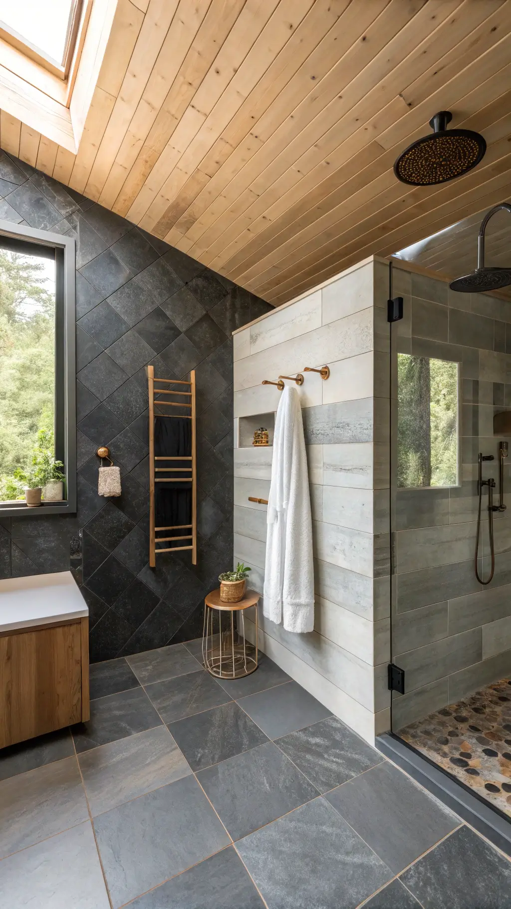 Minimalist modern-rustic bathroom with bleached oak ceiling, dark basalt tile walls, stone feature wall, copper towel rack, built-in storage with leather pulls, illuminated by morning light
