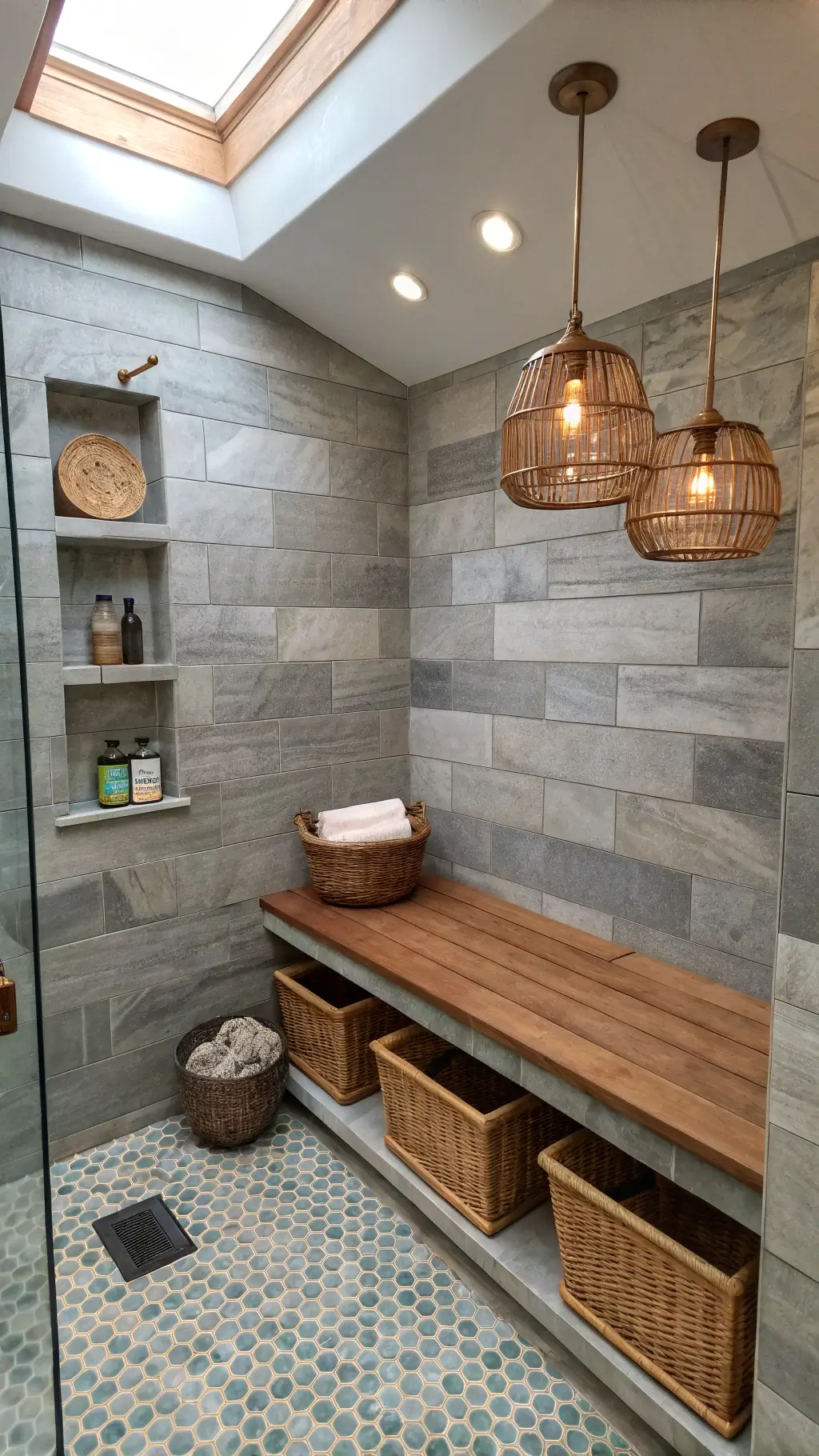 Elevated view of spa-inspired shower with gray quartzite walls, custom teak bench, built-in shelves, pendant lighting, and water hyacinth storage baskets under diffused skylight