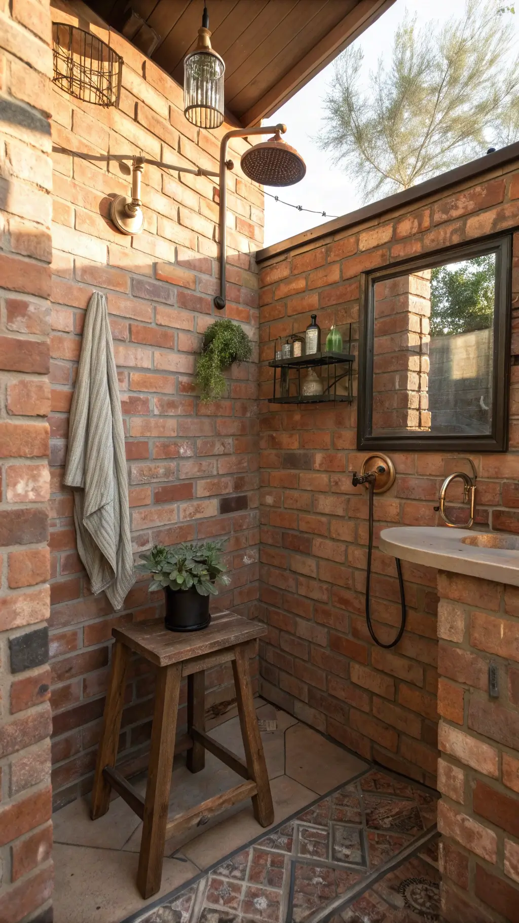 Cozy shower nook with reclaimed brick walls, copper fixtures, bath products on wooden stool, eucalyptus hanging, and iron-framed mirror reflecting sunlight