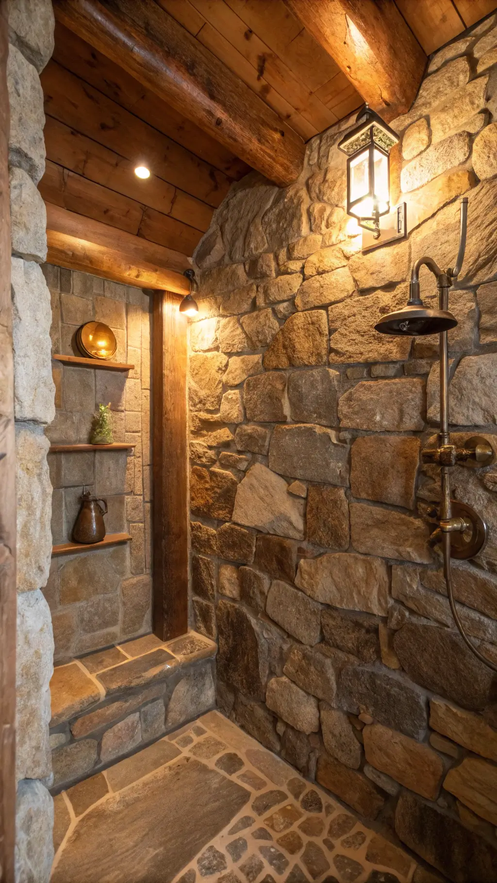 Artisanal shower area with hand-hewn stone walls, copper shelf with pottery, antique brass fixtures, and reclaimed wood ceiling beams bathed in warm golden hour light