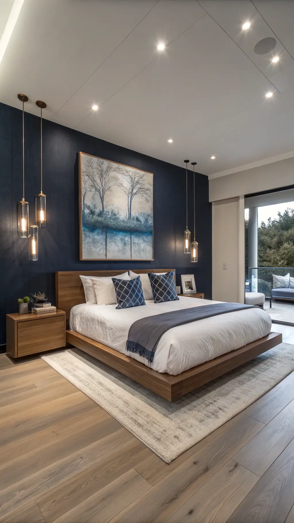 Contemporary bedroom with LED cove lighting, floating walnut platform bed against navy wall, asymmetrical brass pendant lights, minimalist oak nightstands, large abstract artwork, and white flooring creating sophisticated urban retreat.
