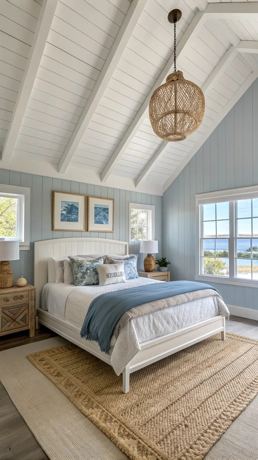 Airy coastal bedroom with vaulted ceiling, white beams, California king bed, ocean blue bedding, rattan pendant lights, shell-inlay mirrors, and jute rug over seagrass flooring conveying relaxed beach house luxury.
