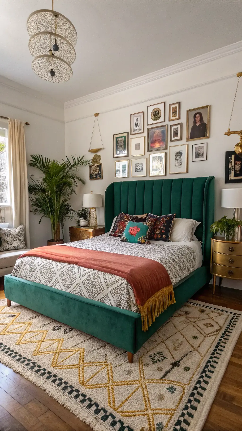 Eclectic lovers' retreat with emerald velvet headboard, jewel-toned bedding, vibrant gallery wall, mid-century modern nightstands, Moroccan rug, bohemian decor, and vintage lighting.