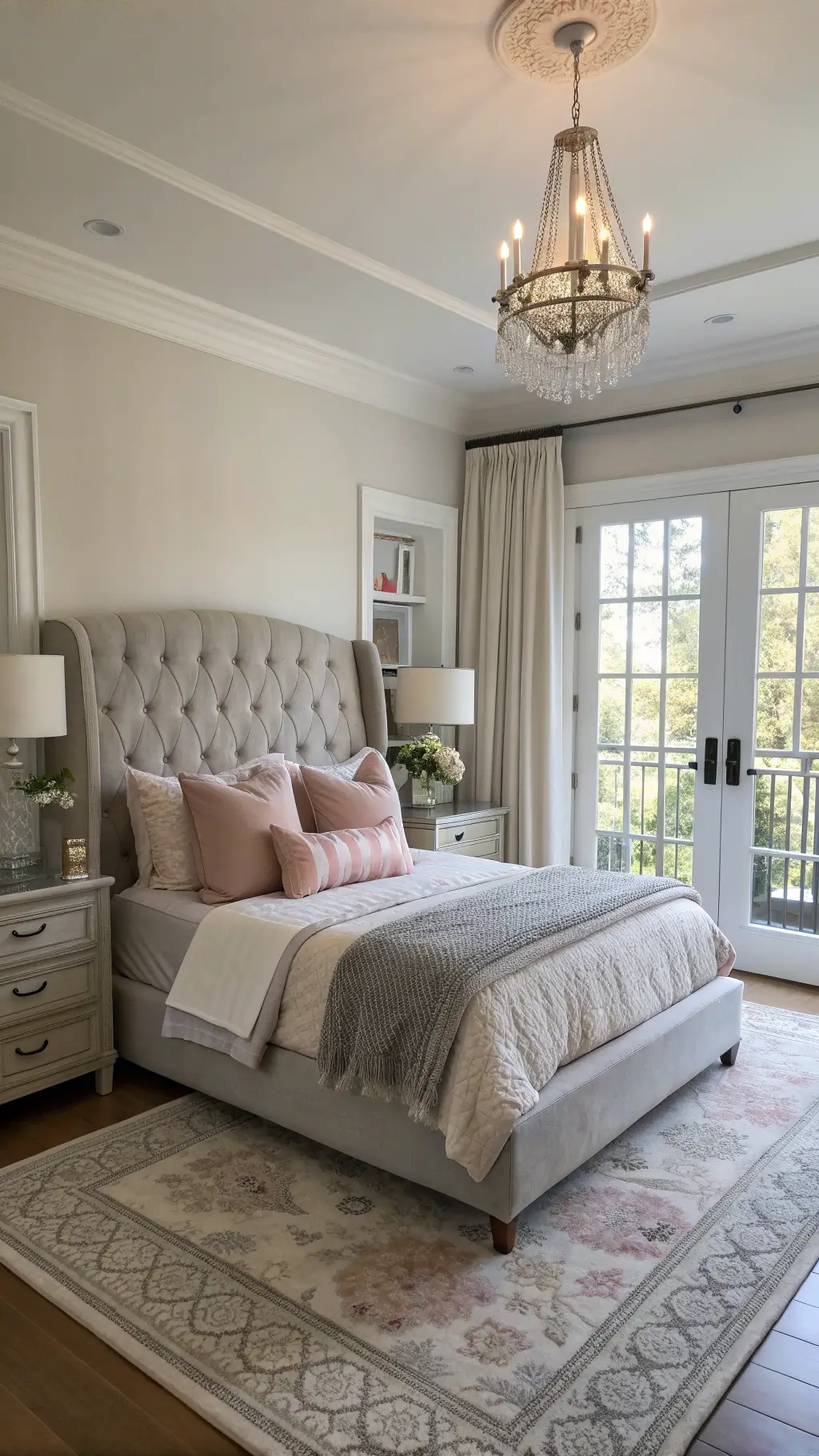 Romantic elegant master suite with gray linen bed, layered cream and silver bedding, built-in bookcases, mercury glass lamps, French doors leading to private balcony.