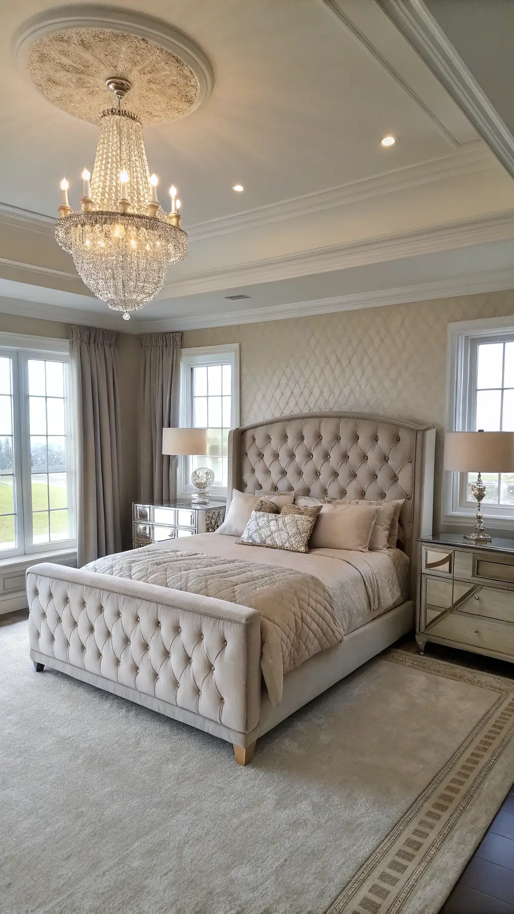 Luxurious master suite with tray ceiling, crystal chandelier, king bed with champagne velvet and mirrored frame, matching nightstands, mercury glass lamps, sitting area with pink loveseat in Hollywood glamour style.