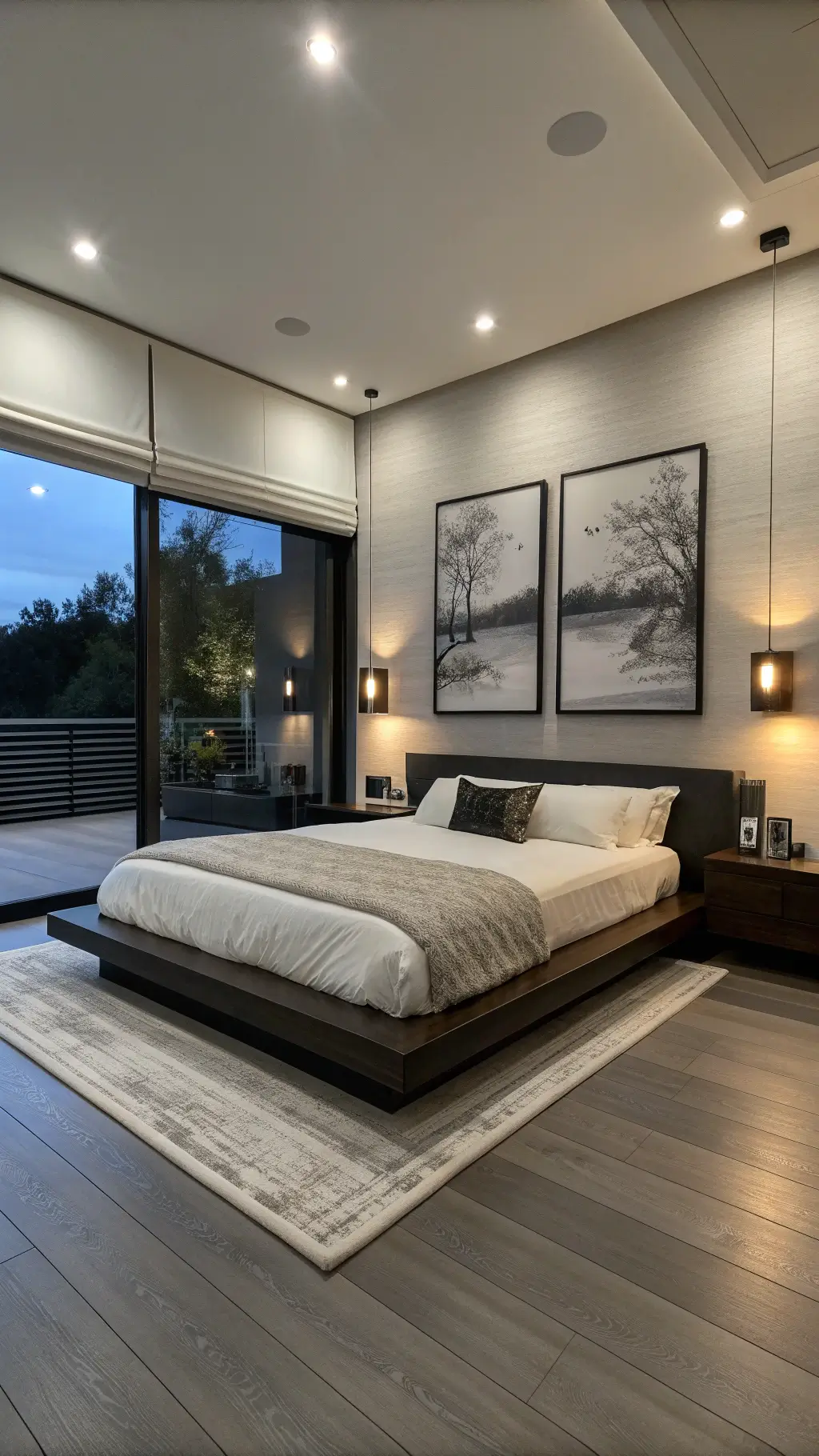 Minimalist couple's bedroom at dusk with low-profile Japanese-inspired platform bed, monochromatic bedding, floating nightstands, large black and white photograph, engineered hardwood floors, sheer white shades, and dramatic lighting.