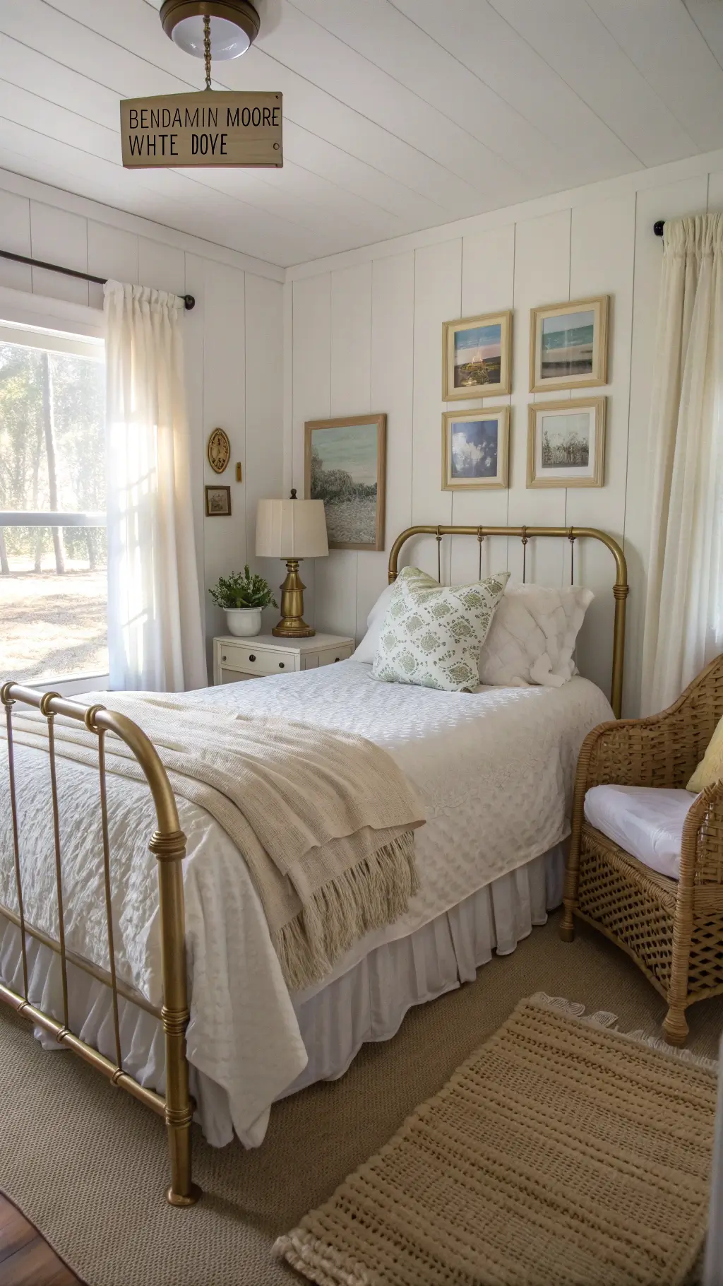 Golden hour light streaming through curtains onto brass-framed bed, handwoven seagrass chair, white side table with ceramic lamp, and vintage coastal sketches on walls.