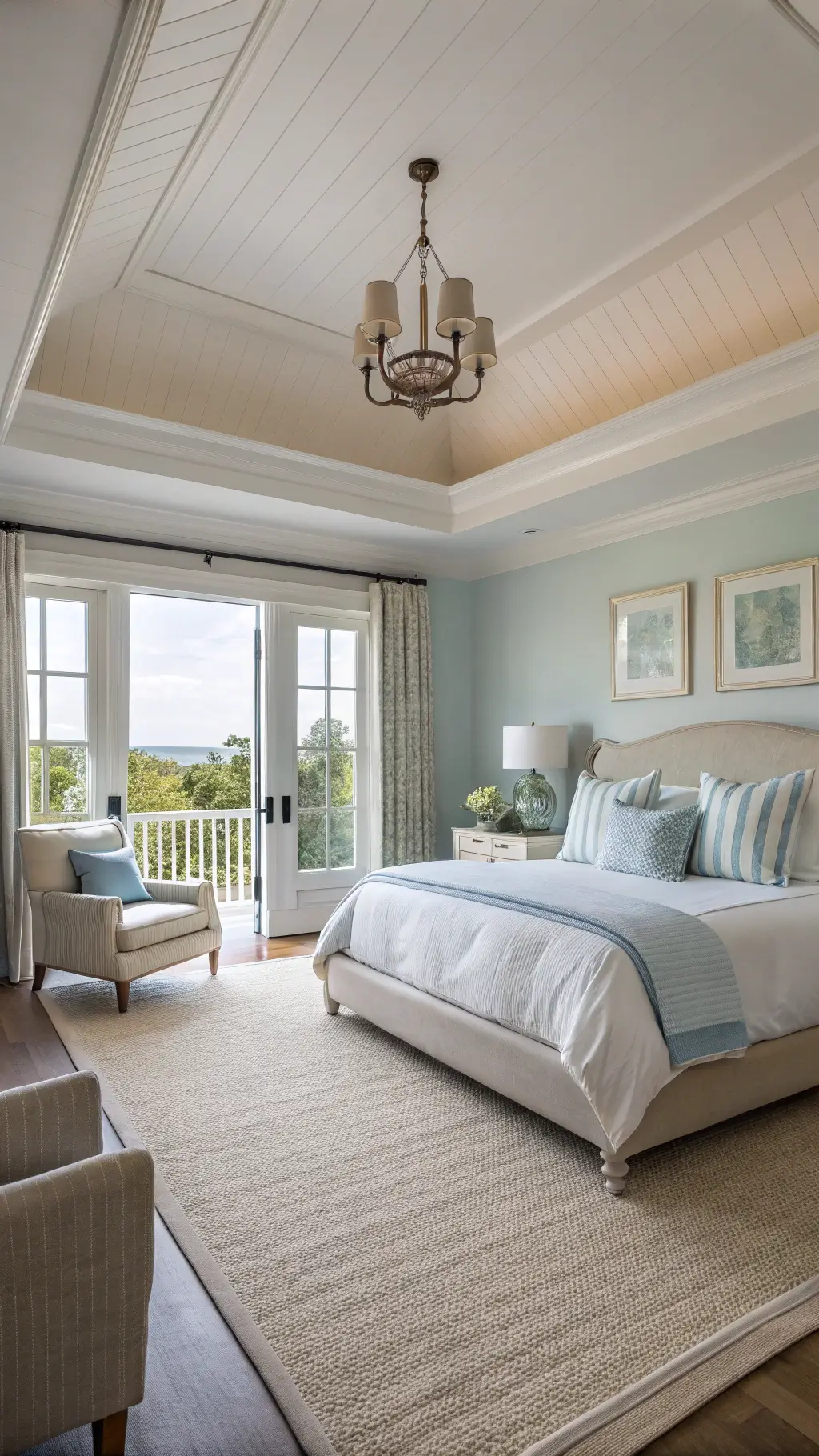 Spacious bedroom with California king bed, white bedding, blue striped pillows, cream linen armchair on sisal rug, and French doors opening to balcony.