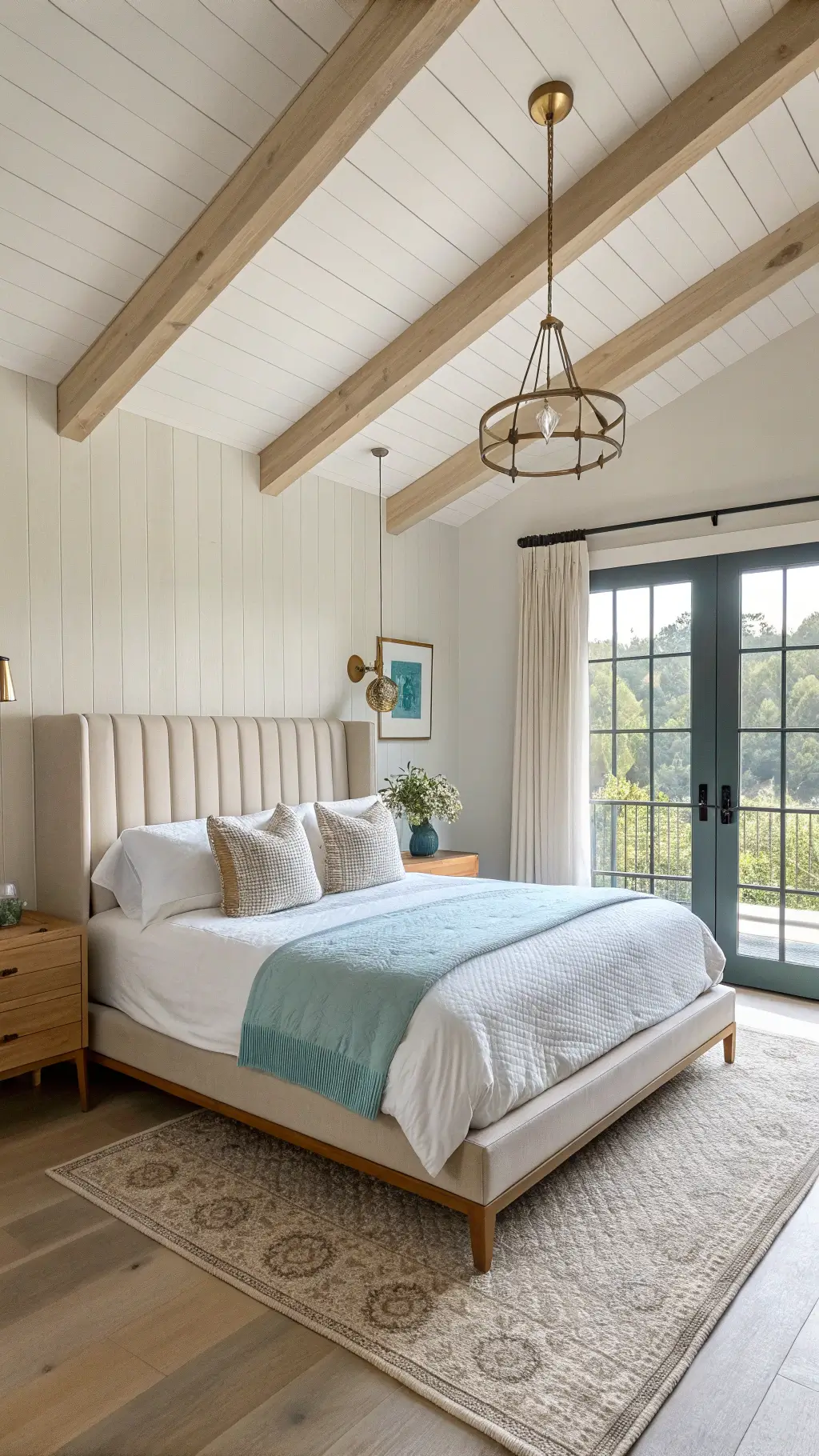 Modern bedroom with bleached oak platform bed, brass pendant lights, and pale aqua handwoven throw, bathed in natural light.