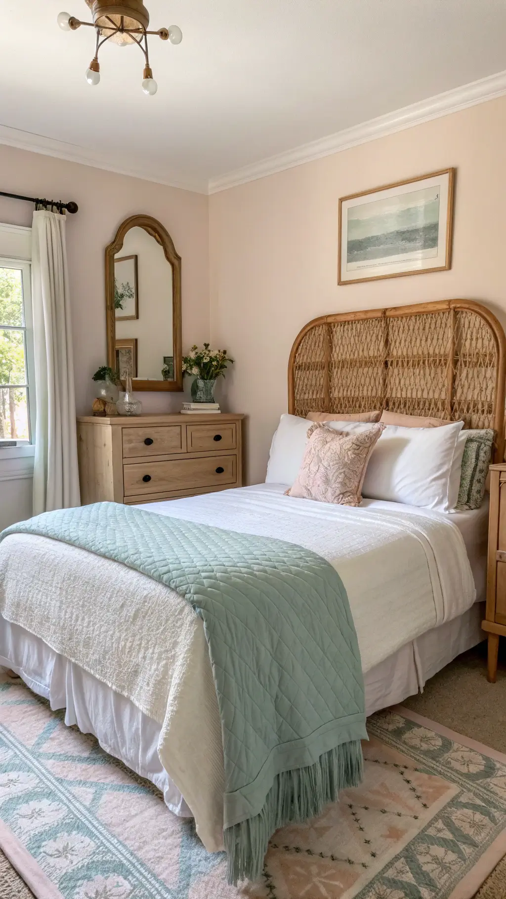 Guest bedroom with pale blush walls, twin bed with rattan headboard, layered bedding, vintage brass mirror above wood dresser at sunrise.
