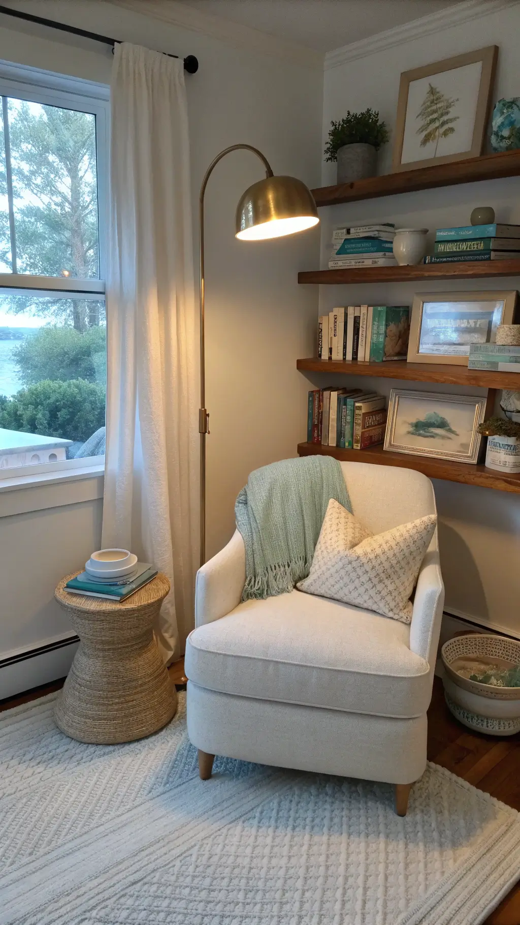 Cozy reading nook with ivory linen armchair, brass floor lamp, floating shelves with coastal pottery and art books, on a cream and pale blue wool rug.