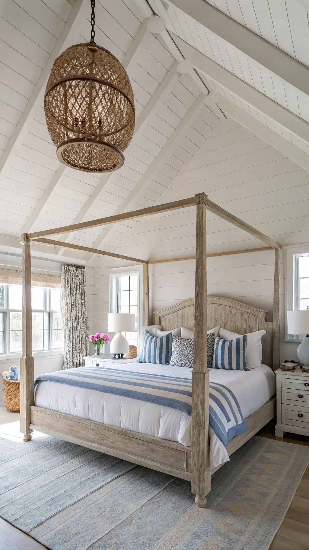 Spacious bedroom with cathedral ceiling, four-poster oak bed with white linens, striped and floral pillows, under woven pendant light.