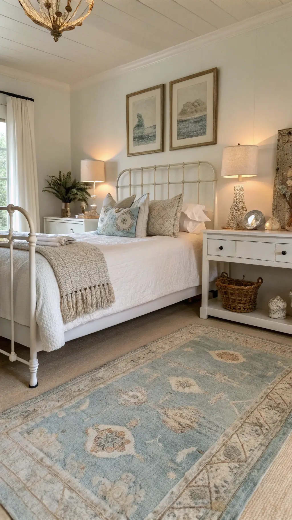 Elegant guest room with white iron bed, cream and sand linens, blue and beige vintage kilim rug, and shell and coral decor on whitewashed console.