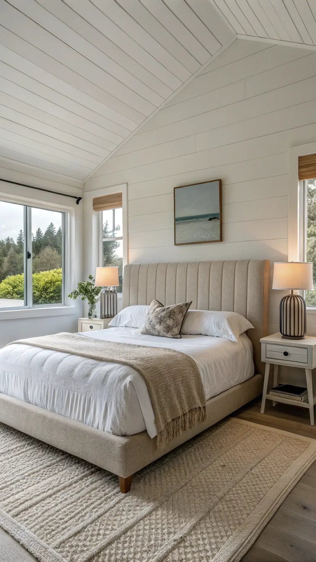 Minimalist bedroom with low-profile upholstered bed, white bedding, textural throws, ceramic lamps on shiplap accent wall.