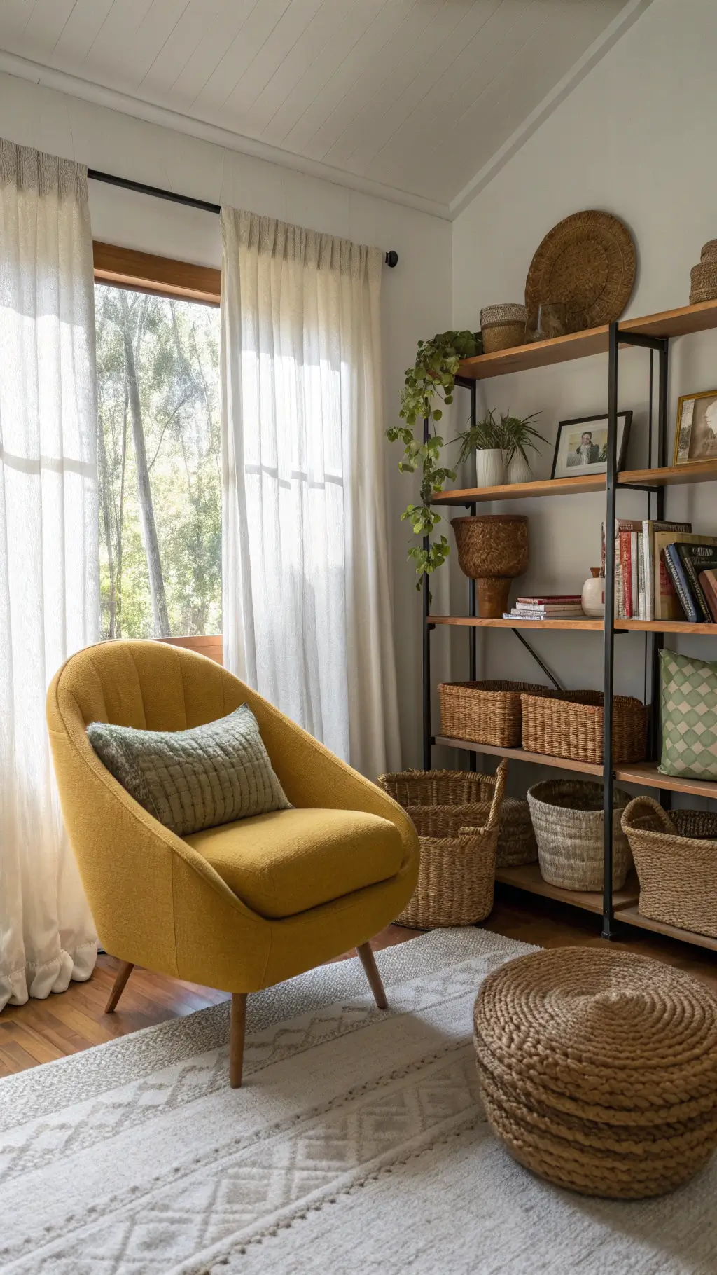 Cozy living area with marigold boucle chair, tall bookshelf, sheer curtains, handwoven baskets, terracotta and sage textiles, vintage pillows