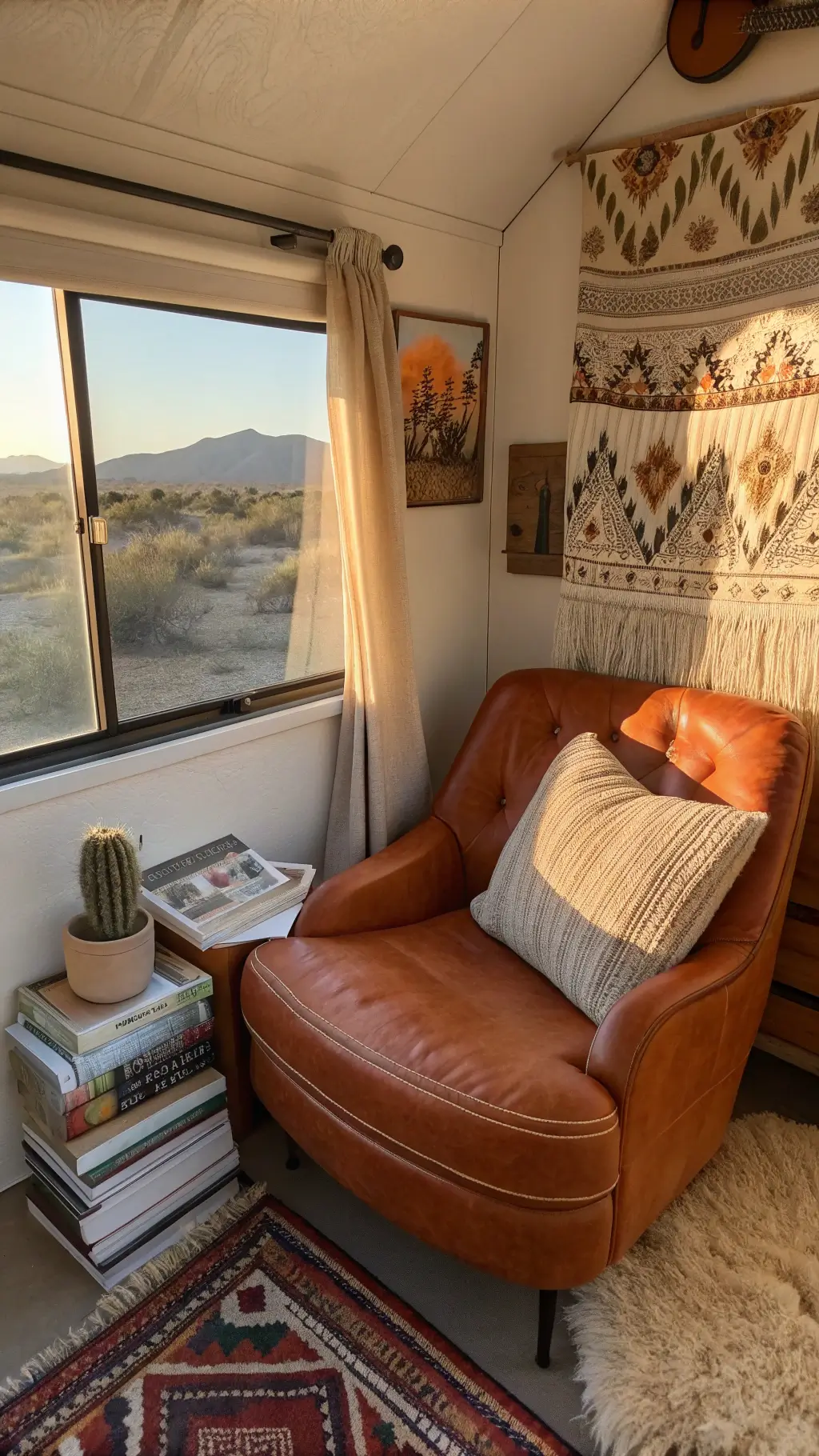 Inviting reading nook with burnt orange leather chair, vintage art books, handwoven wall hanging in warm desert tones
