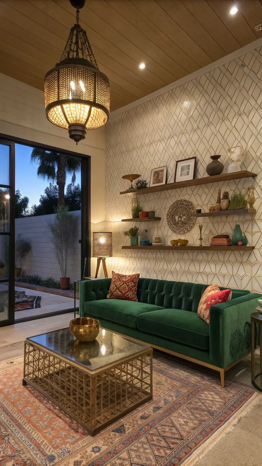 Eclectic living room with emerald green sofa, brass coffee table, Moroccan pendant lights, handmade ceramics, textured wallpaper