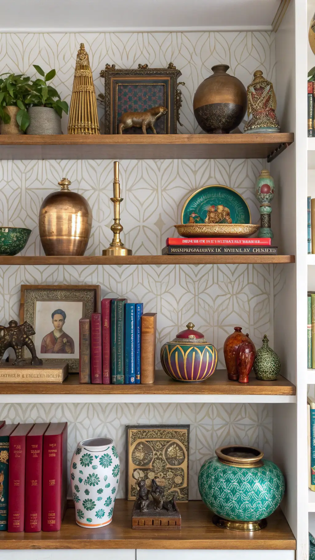 Maximalist shelf with ruby, sapphire, emerald collectibles, vintage books, ceramic and brass figurines, geometric wallpaper