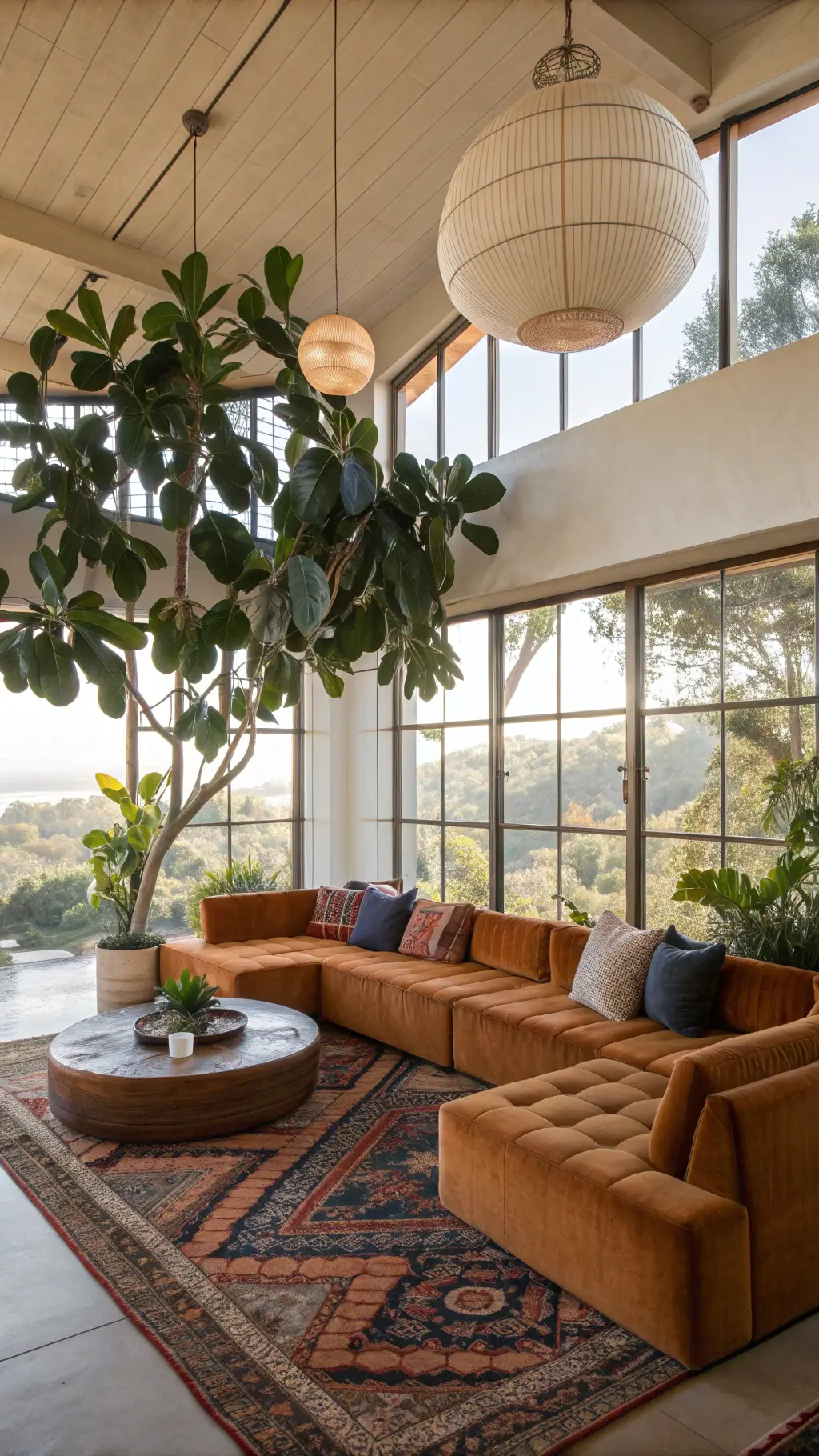 Open-concept room with ochre seating, fiddle leaf fig plants, vintage Moroccan rug, ceramic pendant lights