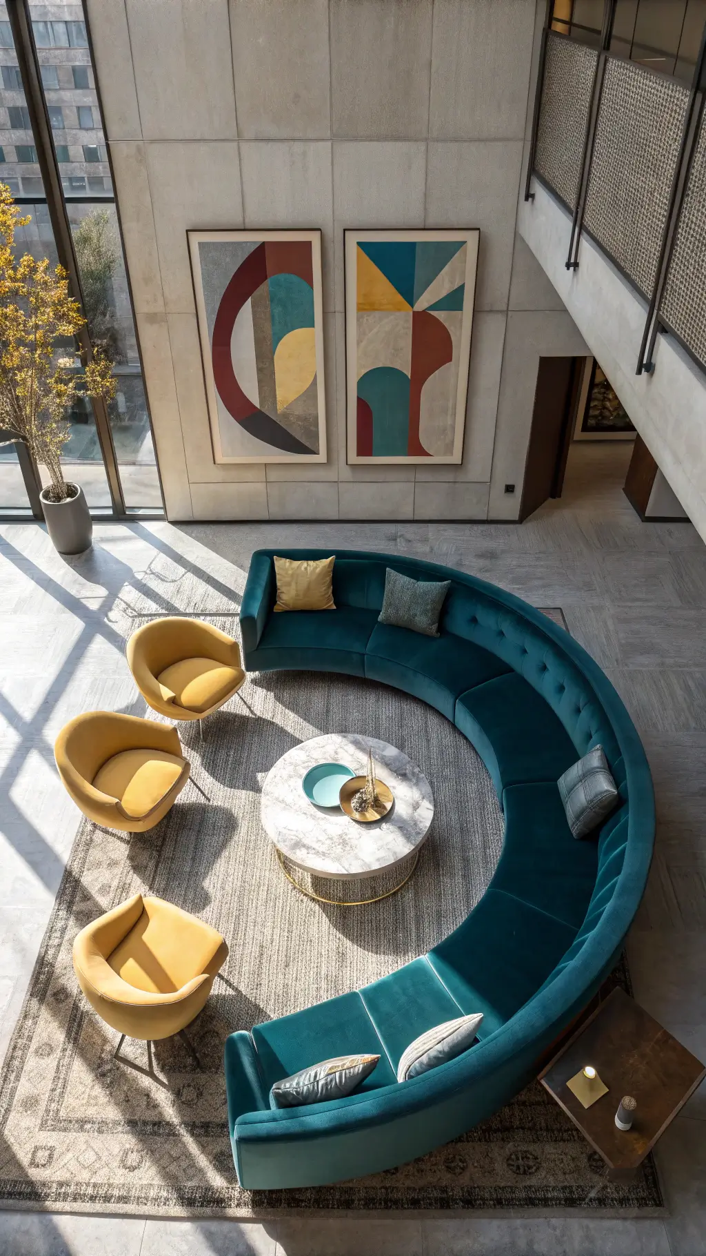Living room with teal velvet sofa, yellow leather chairs, sculptural oak coffee table, abstract art, hand-knotted wool rug, steel-framed windows