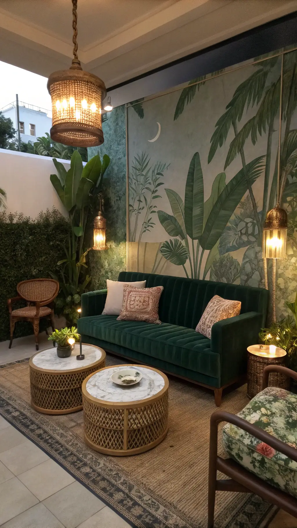 Cozy sitting area with deep green velvet settee, botanical mural, brass lamps, marble and wood coffee tables, woven baskets, silk cushions