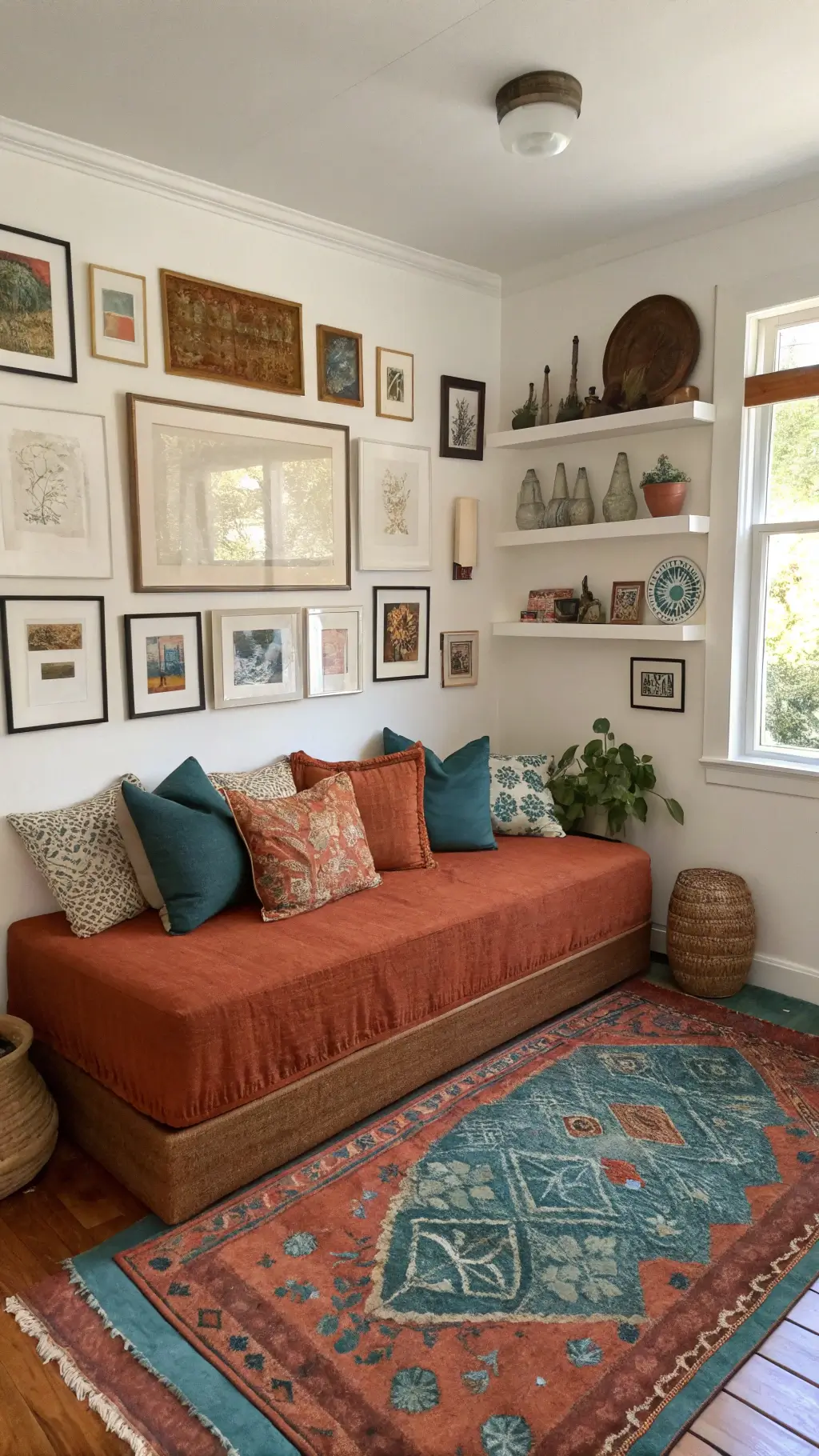 Bright creative corner with paprika linen daybed, floor-to-ceiling art wall, handmade ceramics, vintage peacock blue-green rug