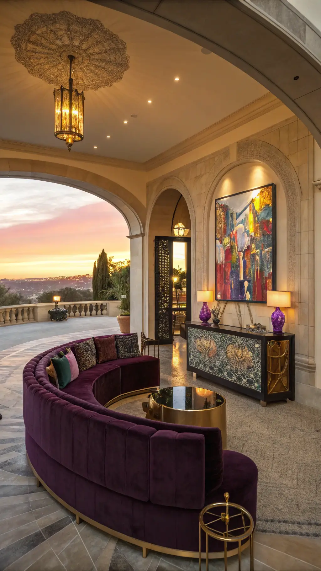 Elegant entertainment space with aubergine velvet sectional, jewel-toned abstract art, ceramic lamps, vintage bar cart, warm golden light