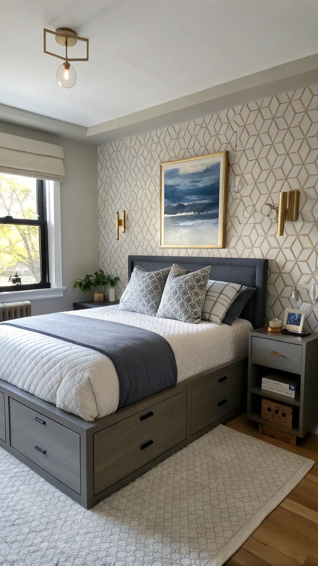 Moodily lit compact bedroom featuring elevated queen bed with built-in storage, wall-mounted brass sconces, abstract navy and cream canvas, floating bleached oak desk, textured geometric wallpaper.