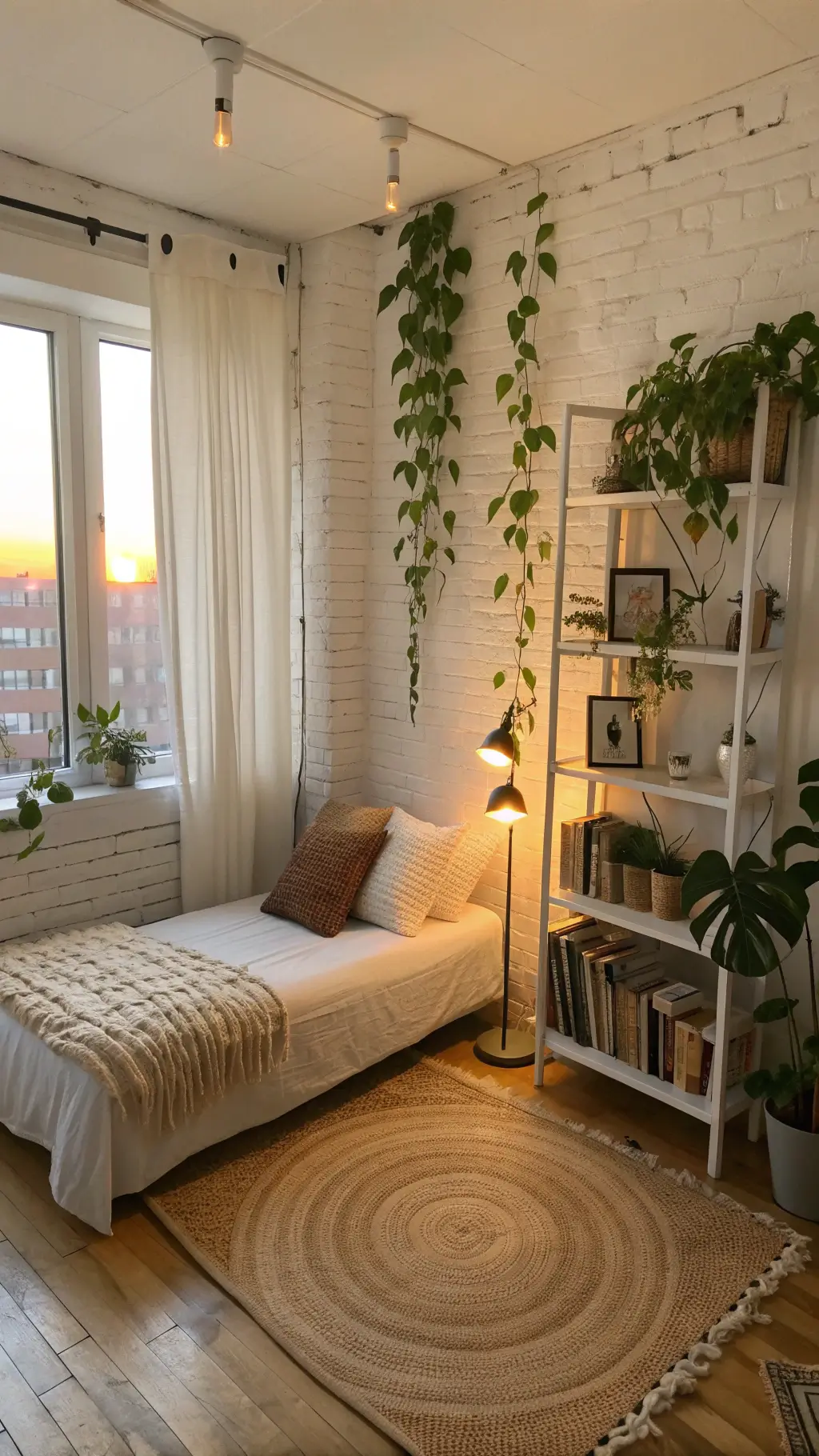 Cozy bedroom at sunset with daybed against a white brick wall, climbing plants, woven rug on light wood floors, slim brass lamp and metal bookshelf viewed angle.