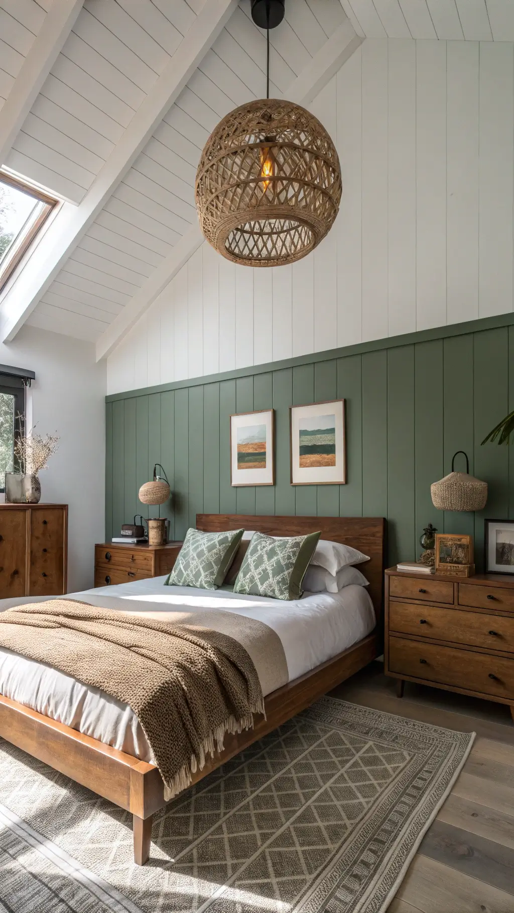 Contemporary bedroom at dusk featuring walnut platform bed with integrated nightstands, sage green grasscloth accent wall, slim profile dresser, ceramic vessels, art books, woven pendant light, layered bedding in earth tones.