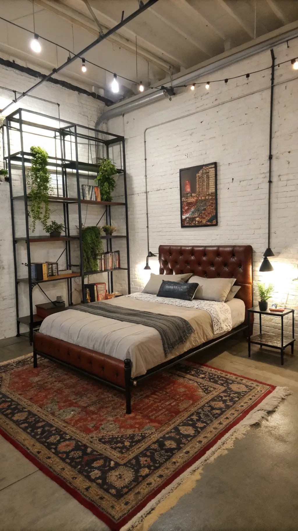 Urban industrial bedroom with steel-frame bed, leather headboard, white painted exposed brick wall, vertical metal shelving, plants, books, vintage Persian rug on concrete floors, string lights for ambient lighting.